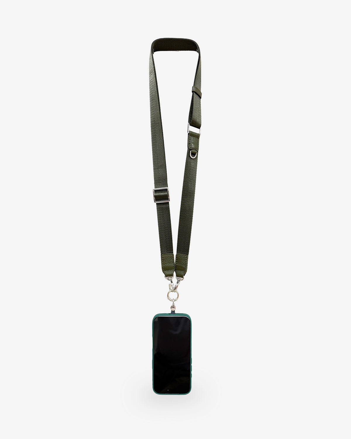 Lanyard Nexo ajustable para móvil en color verde Loden, con correa de nylon y detalles de piel de vacuno