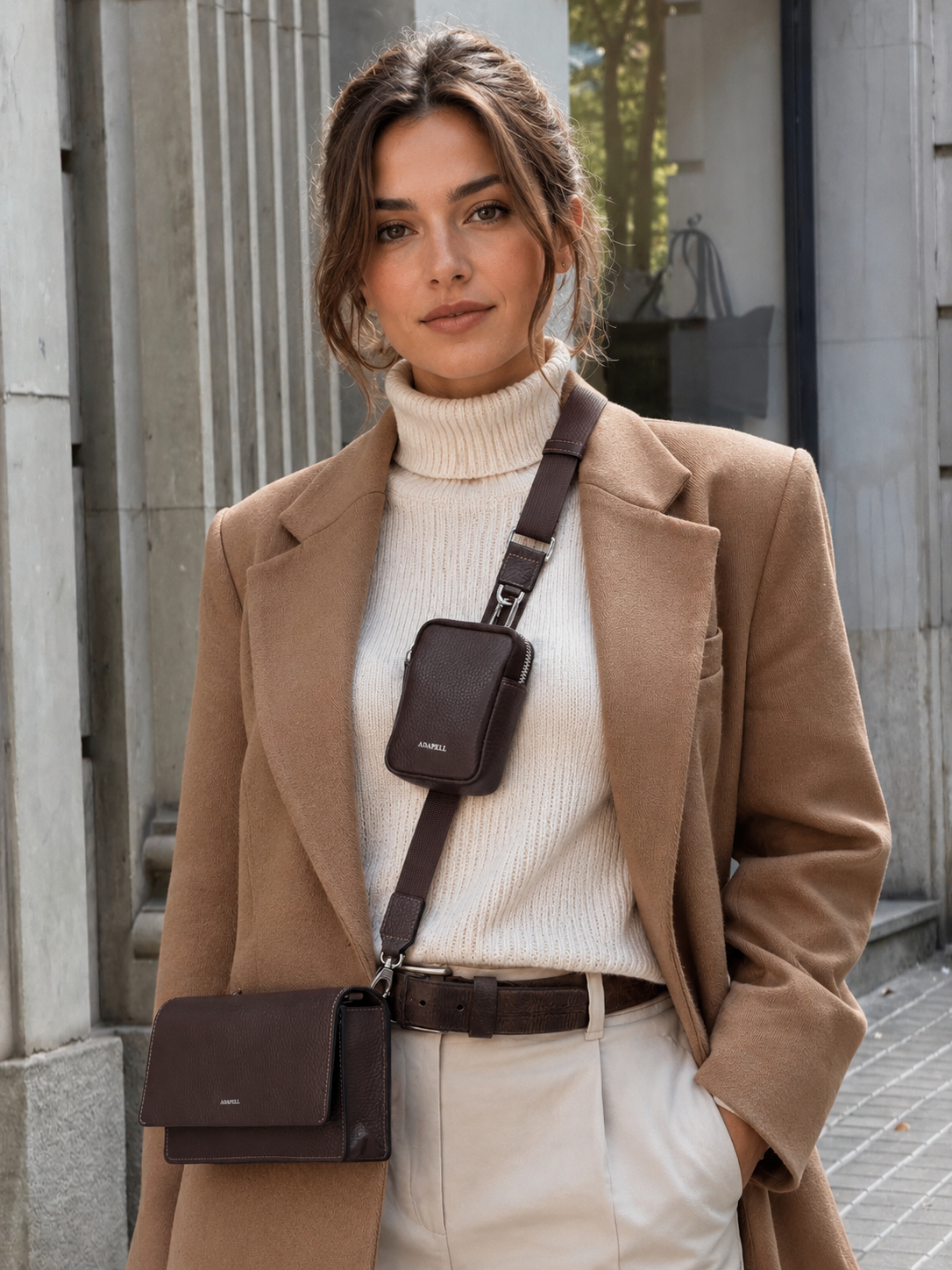 Mujer con monedero tarjetero Nexo 8096 chocolate acoplado al lanyard y combinado con bolso bandolera Nexo en color chocolate