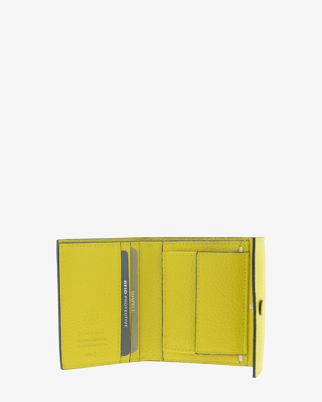 Interior abierto de la cartera pequeña Nude 4256 en color Citrine con ranuras para tarjetas y distintos espacios interiores.
