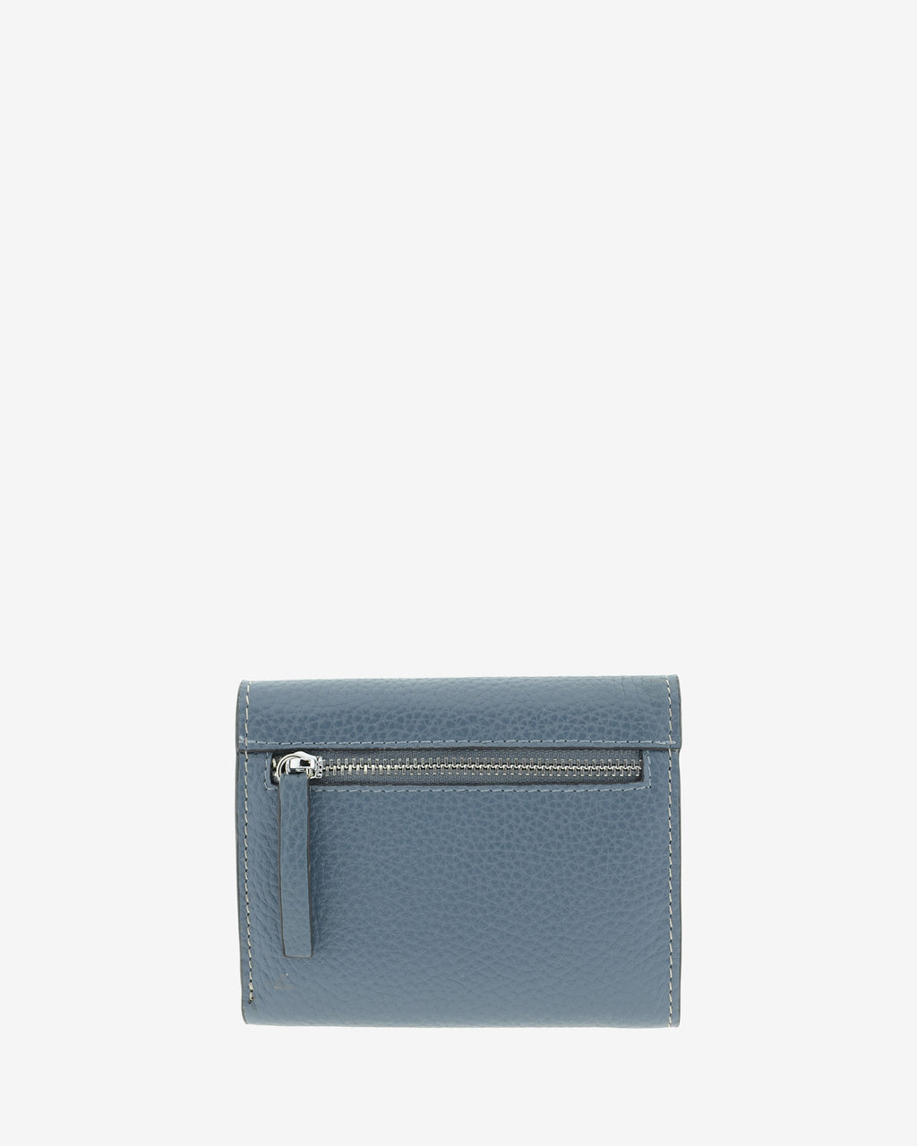 Cartera pequeña de mujer Nude en color Azul piedra, vista trasera con compartimento exterior con cremallera.
