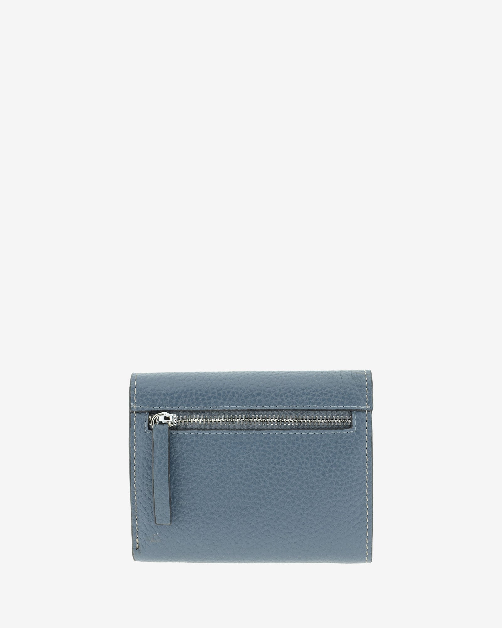 Cartera pequeña de mujer Nude en color Azul piedra, vista trasera con compartimento exterior con cremallera.