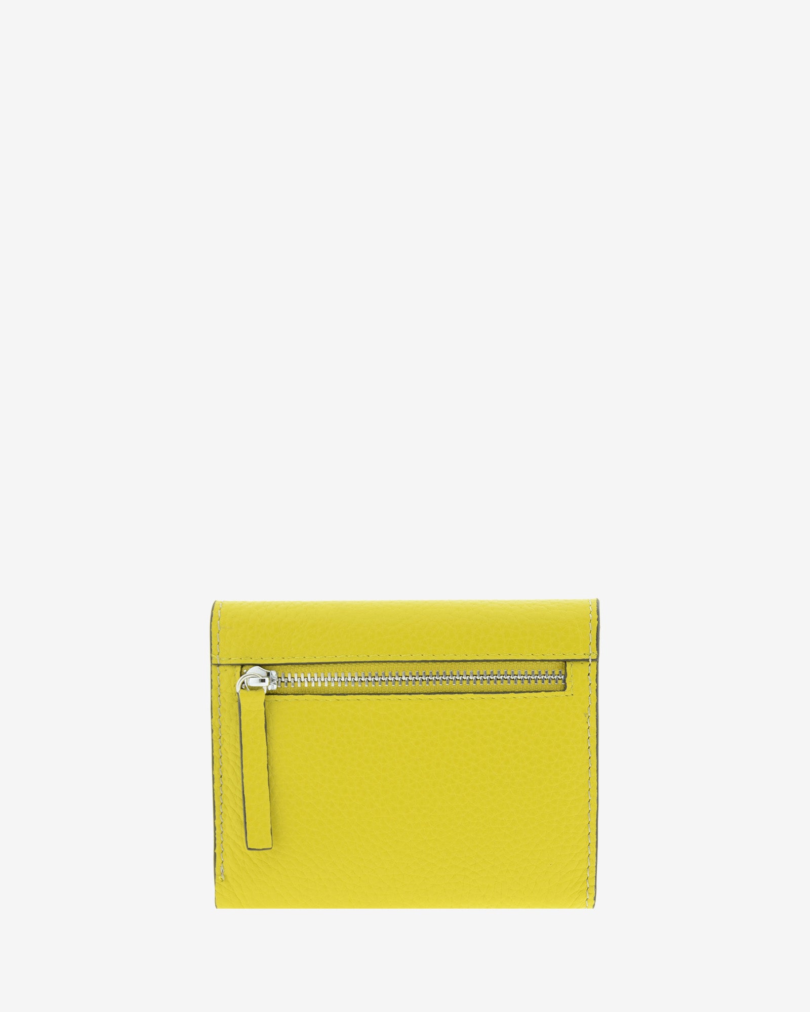 Cartera pequeña de mujer Nude en color Citrine, vista trasera con compartimento exterior con cremallera.
