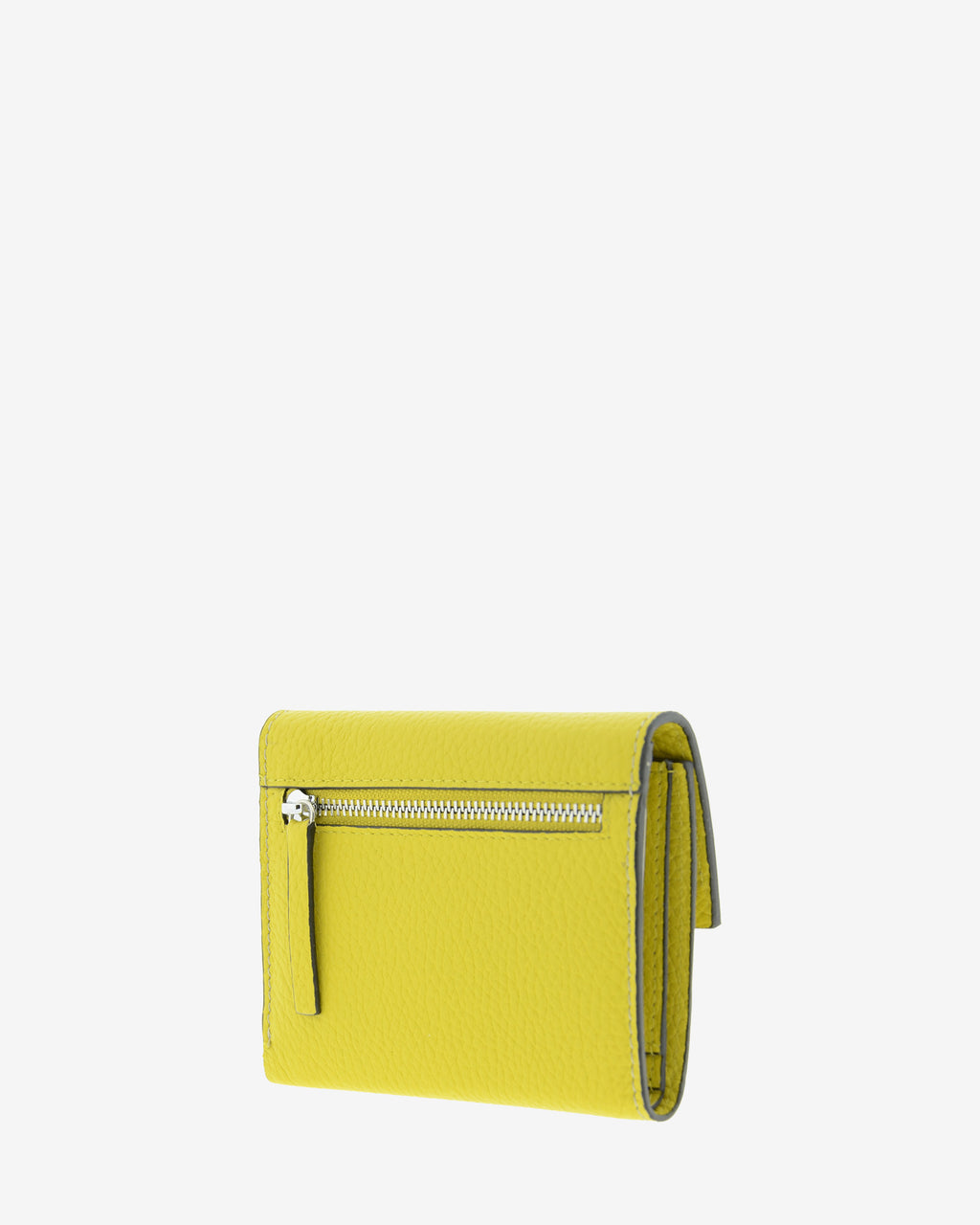 Cartera pequeña de mujer Nude en color Citrine, vista trasera en tres cuartos con compartimento exterior con cremallera.