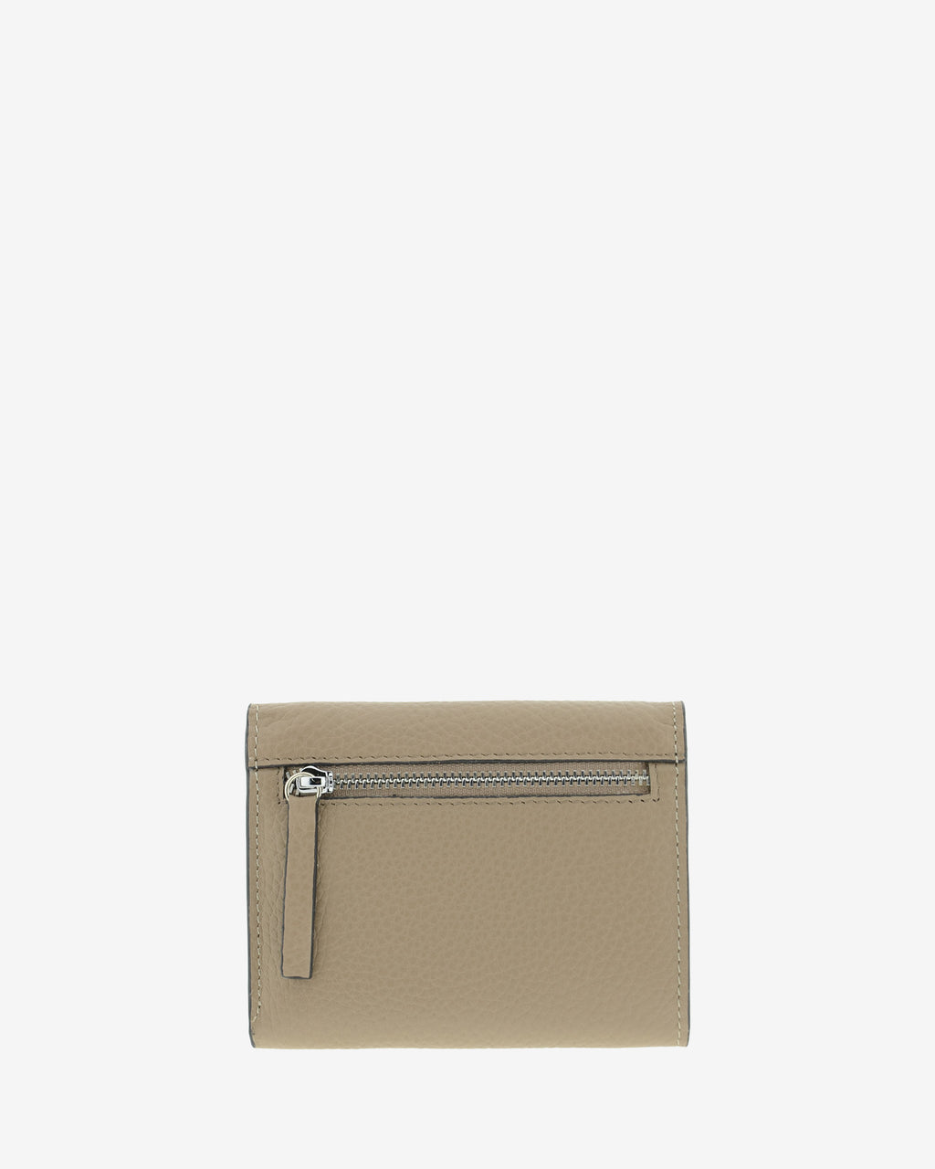 Cartera pequeña de mujer Nude en color Topo, vista trasera con compartimento exterior con cremallera.