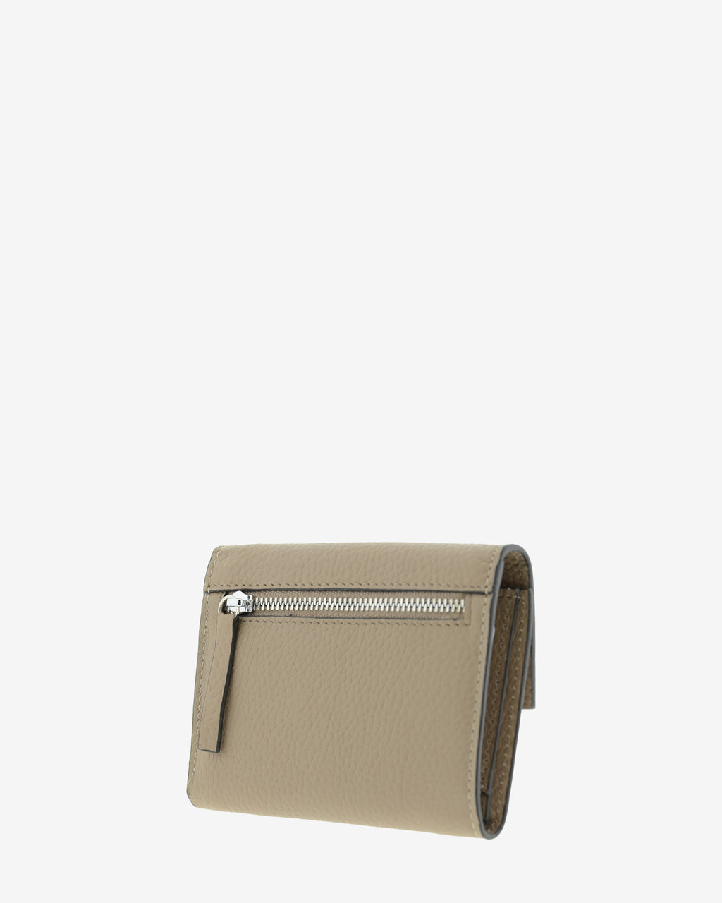 Cartera pequeña de mujer Nude en color Topo, vista trasera en tres cuartos con compartimento exterior con cremallera.