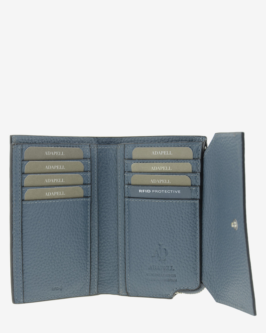 Interior abierto de la cartera pequeña de mujer Nude en color Azul Piedra, con ocho ranuras para tarjetas distribuidas a ambos lados.