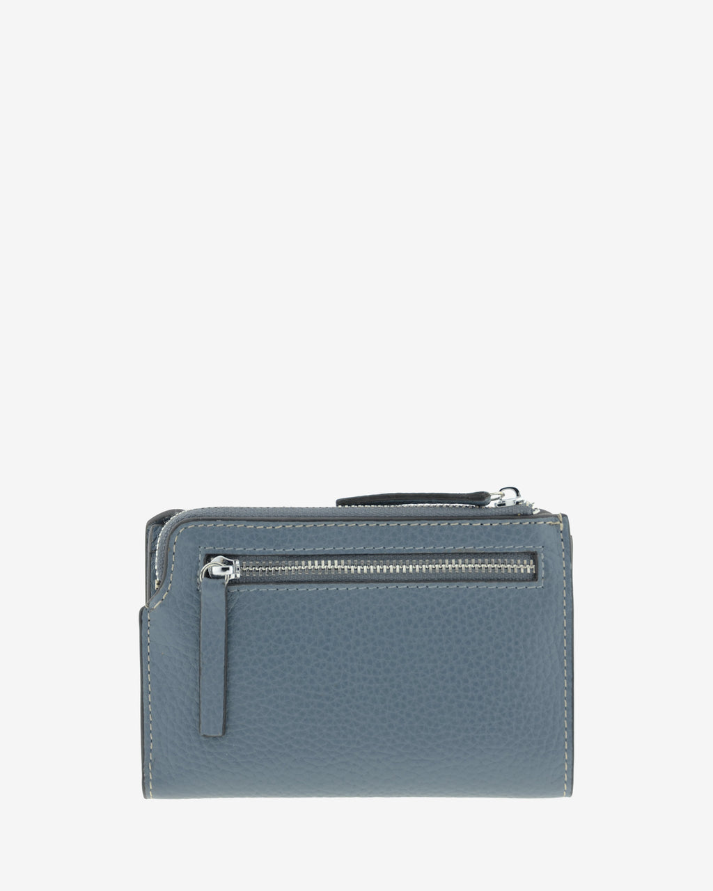 Cartera pequeña de mujer Nude en color Azul Piedra, vista trasera con bolsillo exterior con cremallera.