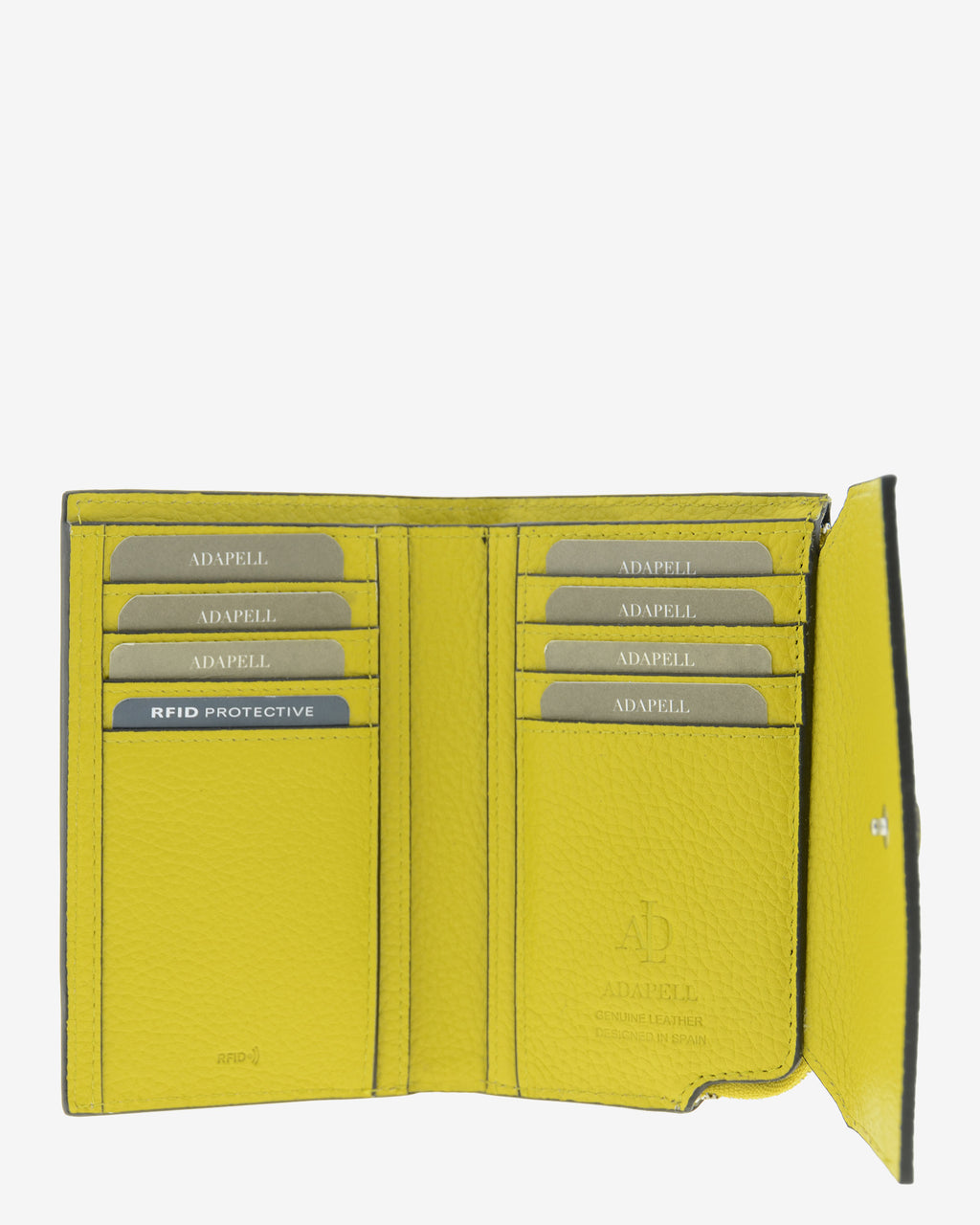 Interior abierto de la cartera pequeña de mujer Nude en color Citrine, con ocho ranuras para tarjetas distribuidas a ambos lados.