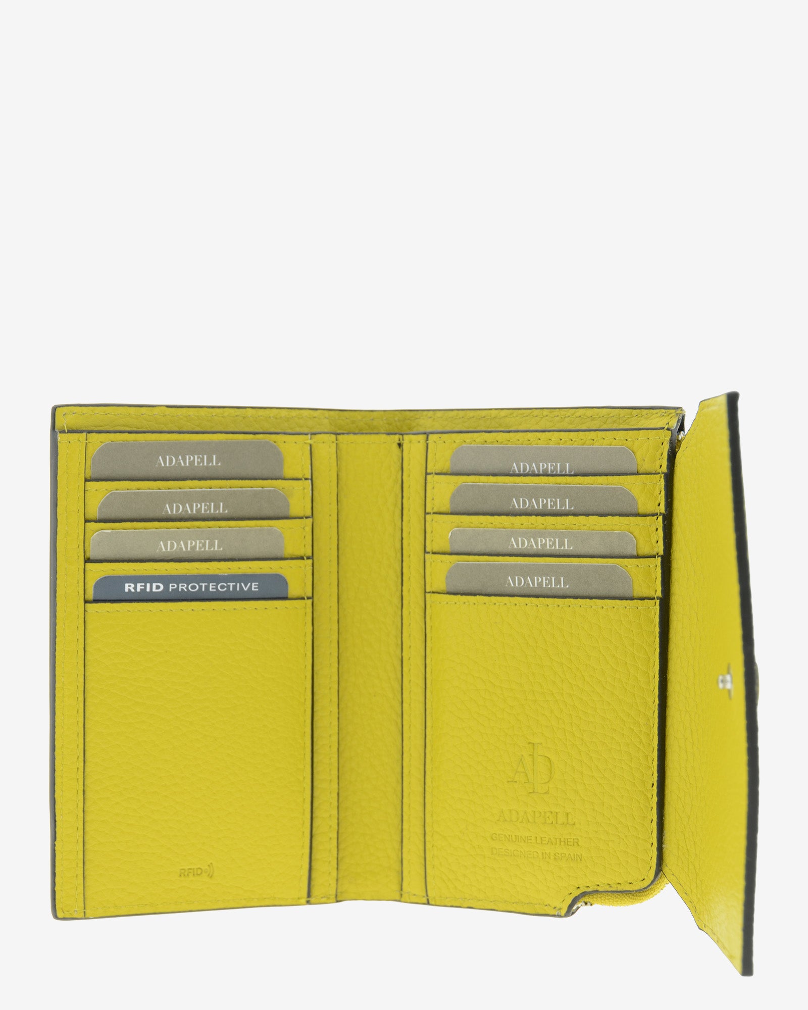Interior abierto de la cartera pequeña de mujer Nude en color Citrine, con ocho ranuras para tarjetas distribuidas a ambos lados.