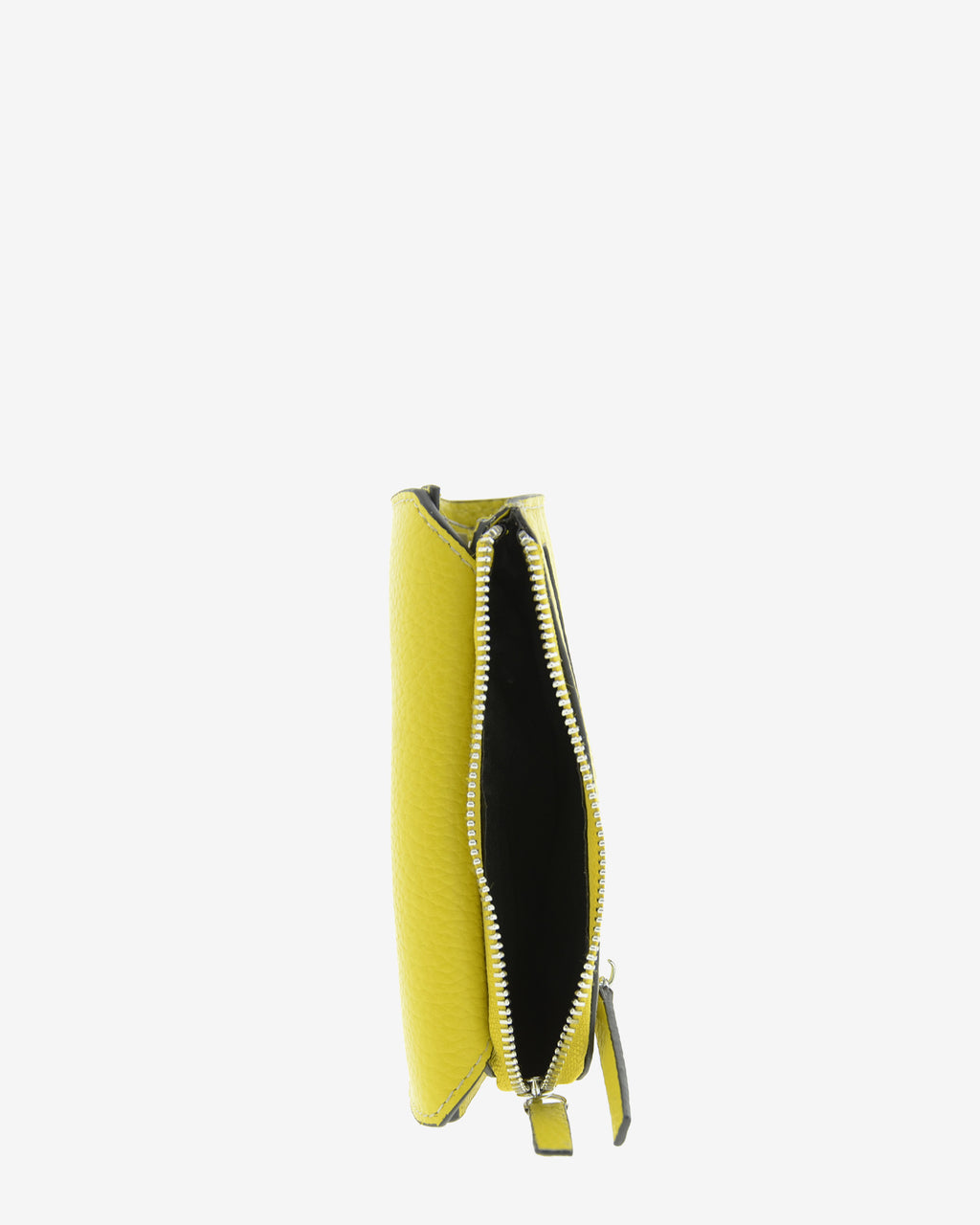 Vista lateral de la cartera pequeña de mujer Nude en color Citrine, con el compartimento de cremallera abierto.