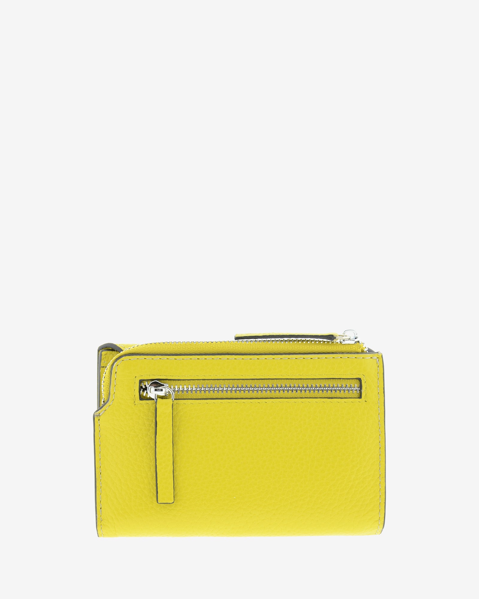 Cartera pequeña de mujer Nude en color Citrine, vista trasera con bolsillo exterior con cremallera.