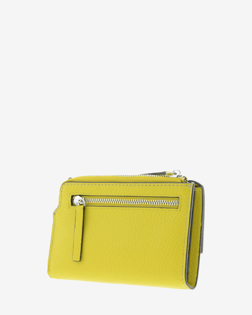 Cartera pequeña de mujer Nude en color Citrine, vista trasera en tres cuartos con bolsillo exterior con cremallera.