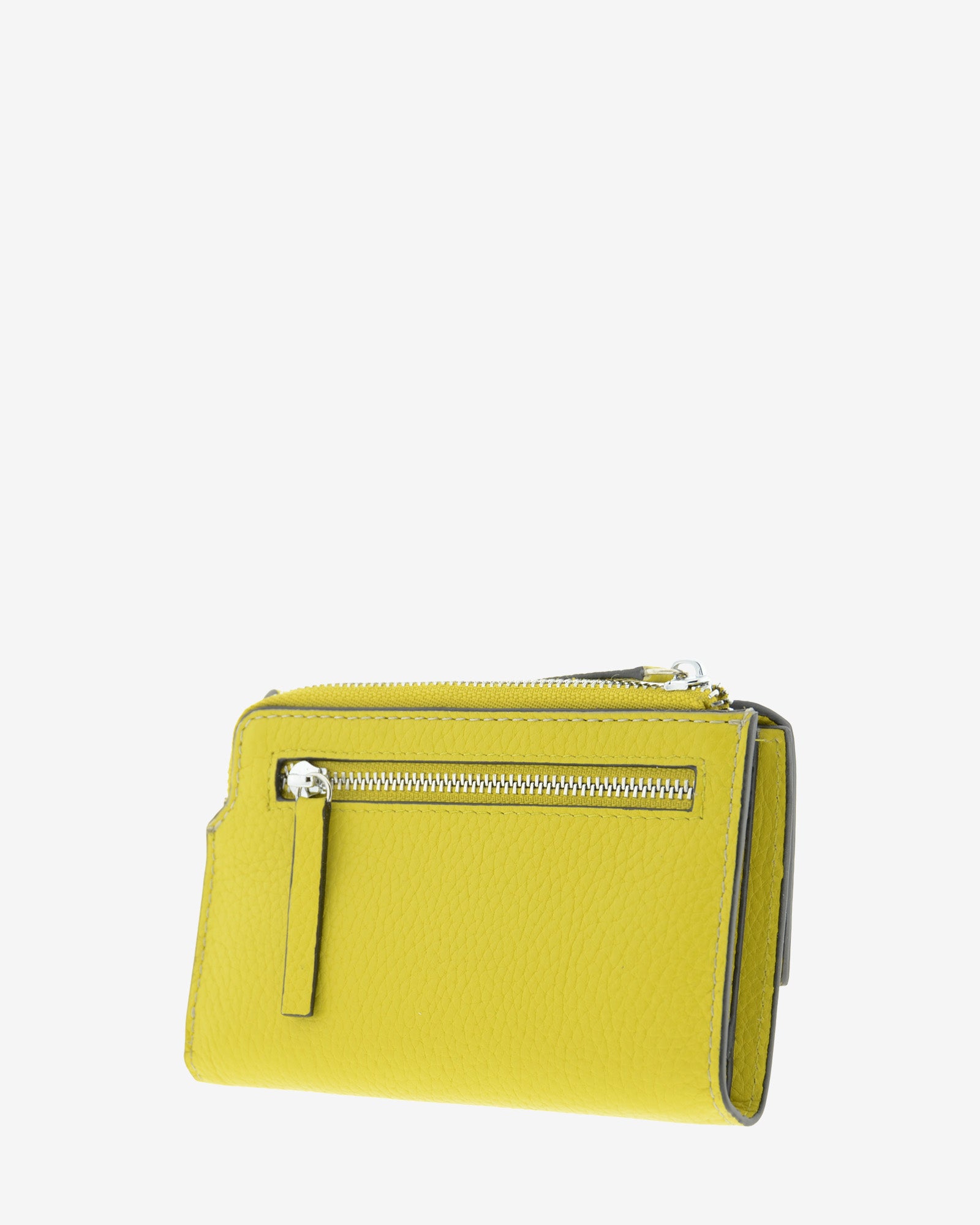 Cartera pequeña de mujer Nude en color Citrine, vista trasera en tres cuartos con bolsillo exterior con cremallera.