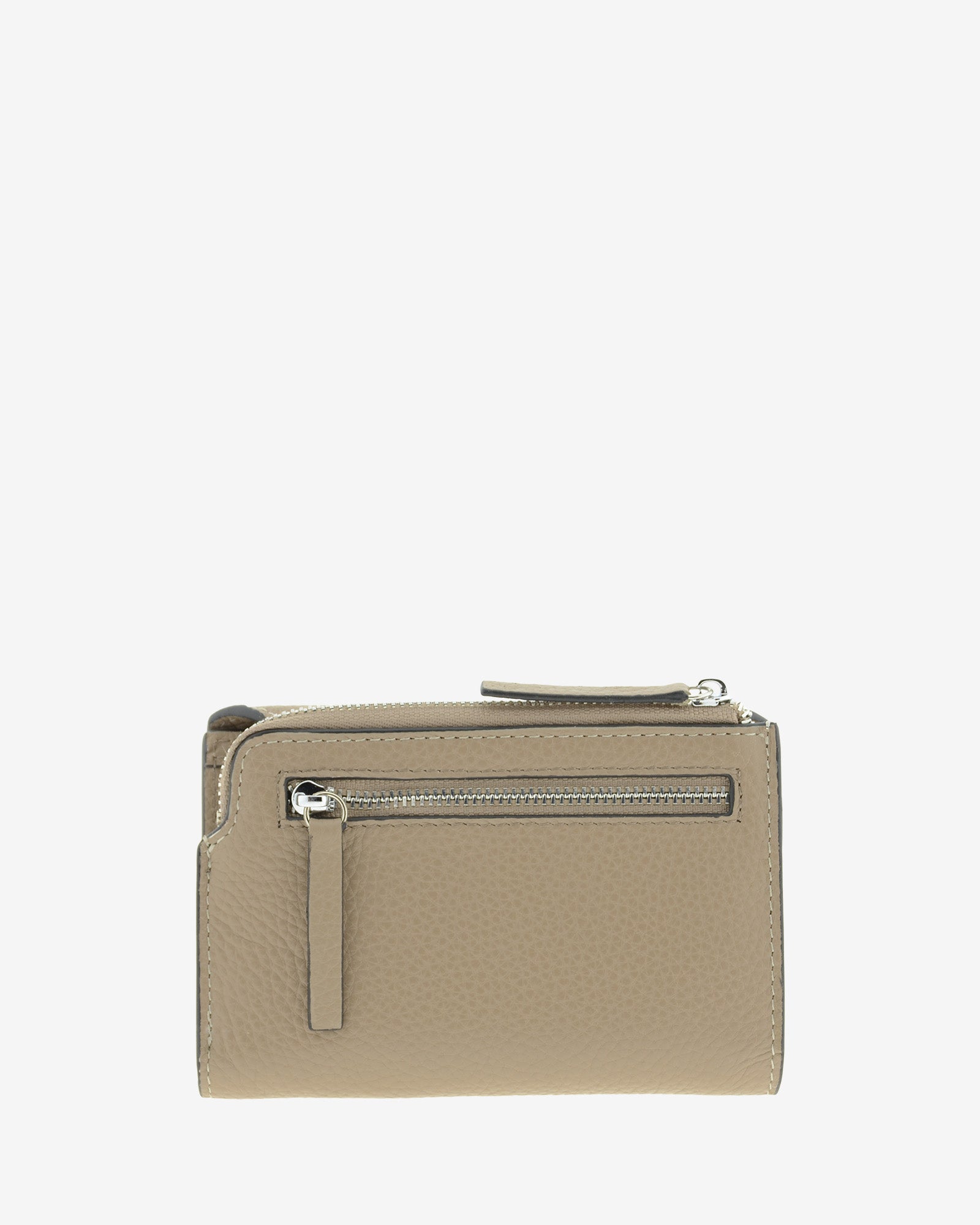 Cartera pequeña de mujer Nude en color Topo, vista trasera con bolsillo exterior con cremallera.
