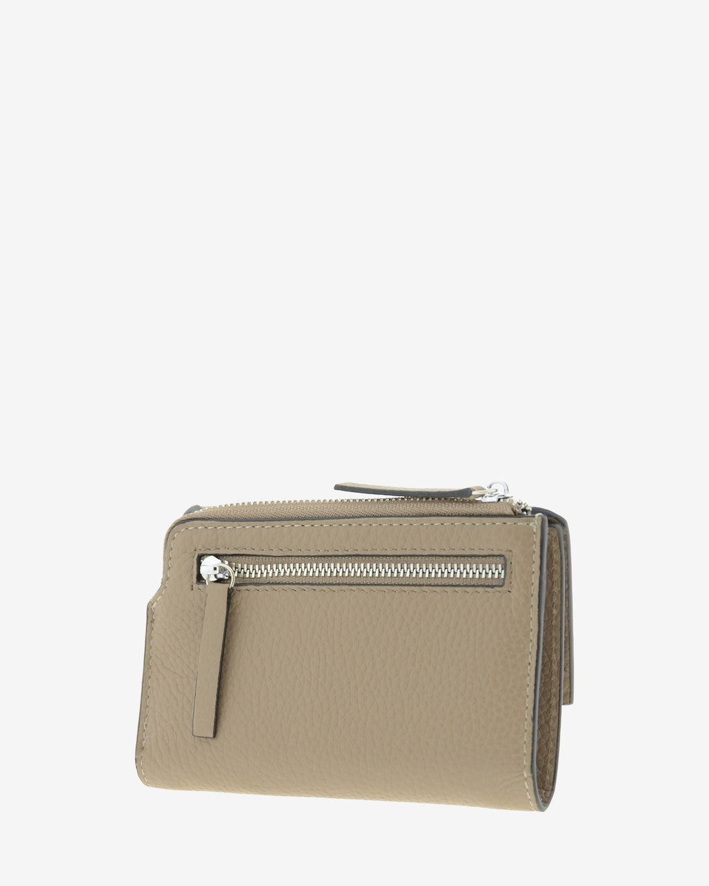 Cartera pequeña de mujer Nude en color Topo, vista trasera en tres cuartos con bolsillo exterior con cremallera.
