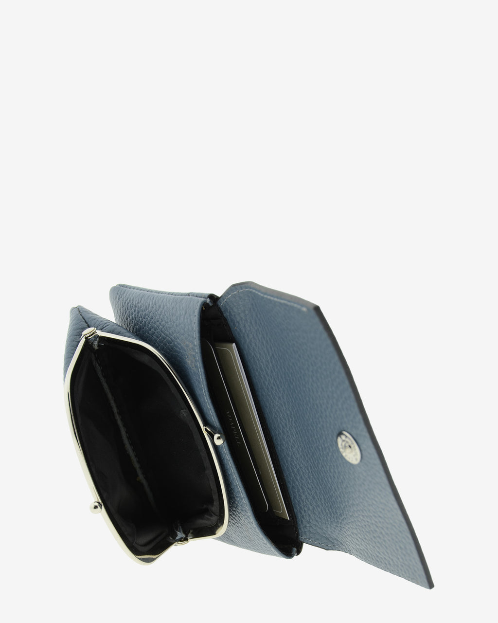 Monedero de mujer Nude 4257 en color Azul piedra abierto, con boquilla e interior visible con espacio para tarjetas.