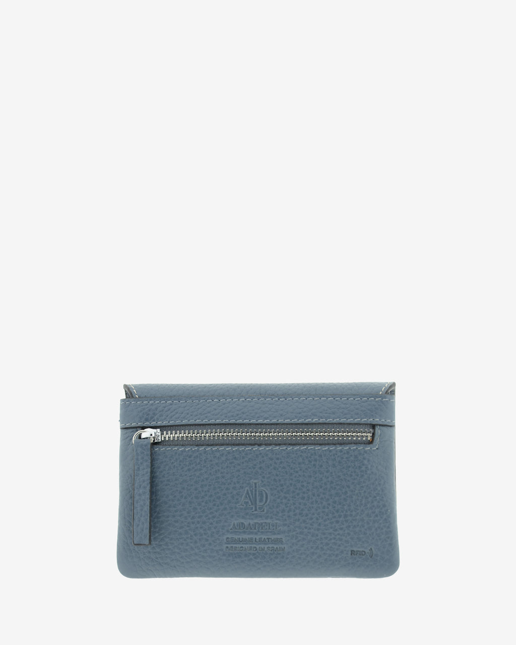 Monedero de mujer Nude 4257 en color Azul piedra, vista trasera con compartimento exterior con cremallera.