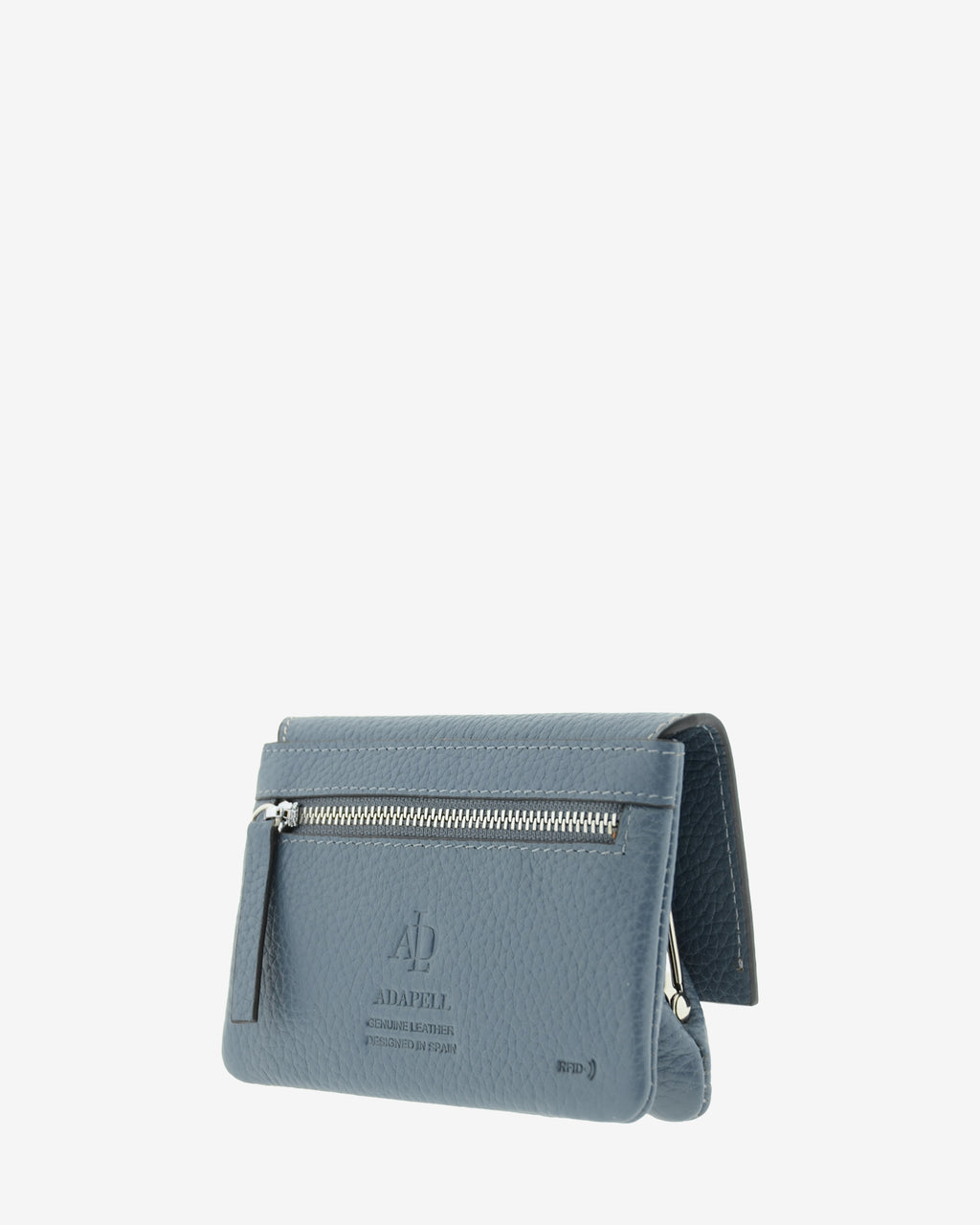 Monedero de mujer Nude 4257 en color Azul piedra, vista trasera en tres cuartos con compartimento exterior con cremallera.