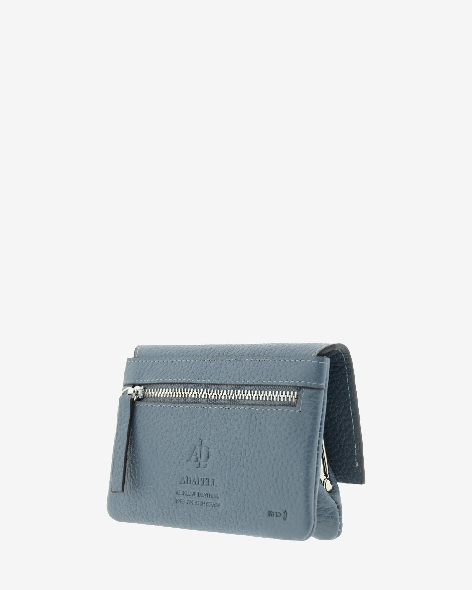 Monedero de mujer Nude 4257 en color Azul piedra, vista trasera en tres cuartos con compartimento exterior con cremallera.