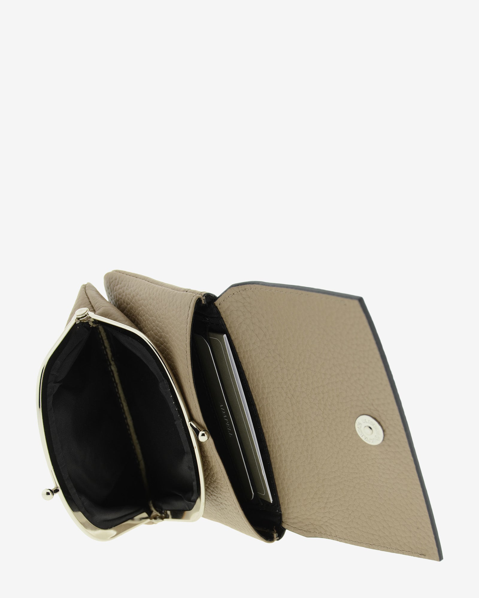 Monedero de mujer Nude 4257 en color Topo con boquilla e interior abierto, mostrando el interior y un compartimento para tarjetas.