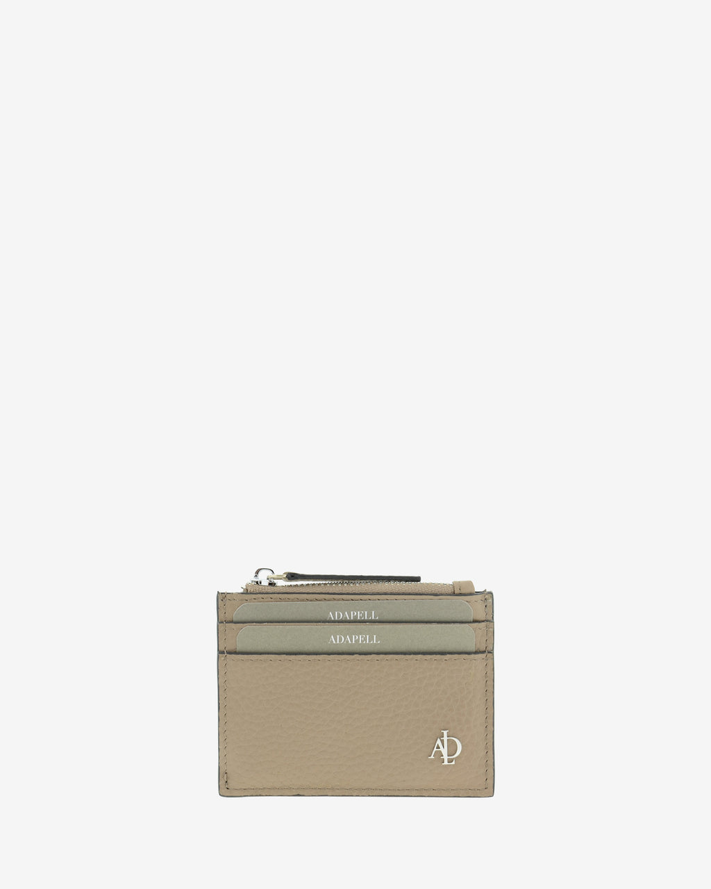 Tarjetero Nude 4259 en color Topo, vista frontal con ranuras para tarjetas, compartimento central con cremallera y logo Adapell.
