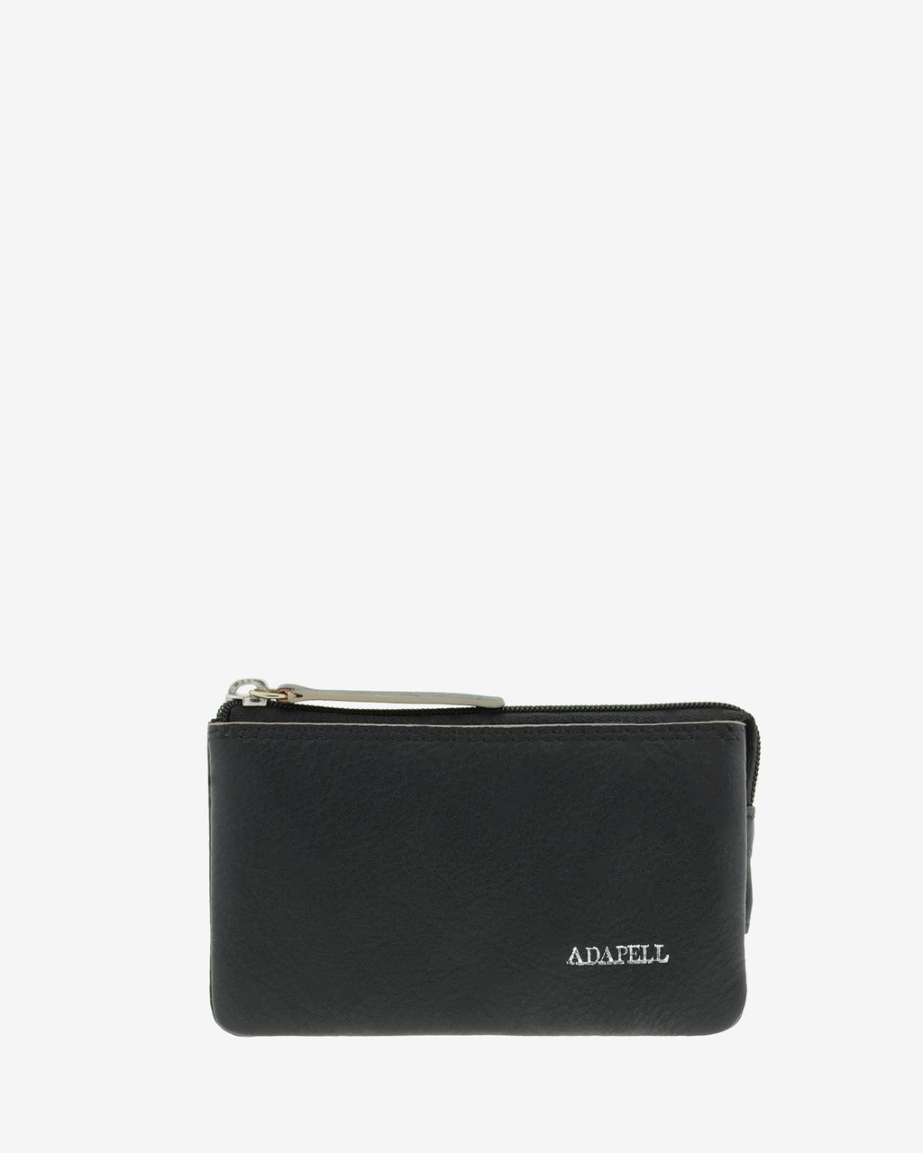Monedero de piel auténtica ref. 8082-1 en color negro con ribete gris, de medida pequeña y compacta, 5 compartimentos interiores, cierre de cremallera y aro metálico interior, con protección de tarjetas RFID de la colección Essenza, vista frontal 