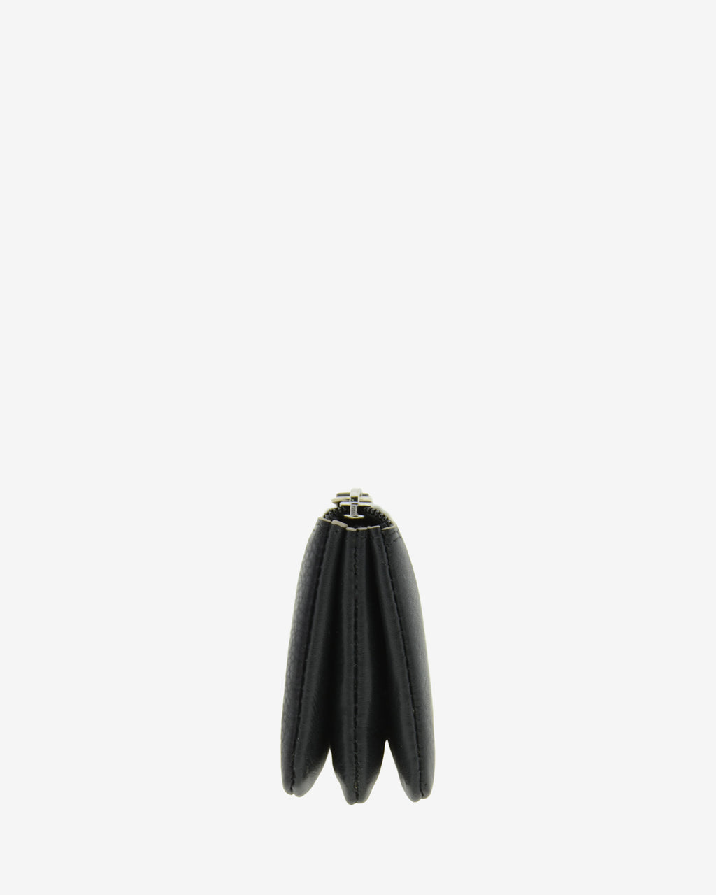 Monedero de piel auténtica ref. 8082-1 en color negro con ribete gris, de medida pequeña y compacta, 5 compartimentos interiores, cierre de cremallera y aro metálico interior, con protección de tarjetas RFID de la colección Essenza, vista lateral
