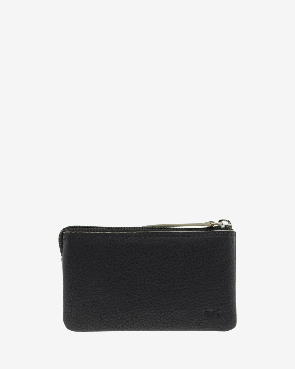 Monedero de piel auténtica ref. 8082-1 en color negro con ribete gris, de medida pequeña y compacta, 5 compartimentos interiores, cierre de cremallera y aro metálico interior, con protección de tarjetas RFID de la colección Essenza, vista trasera