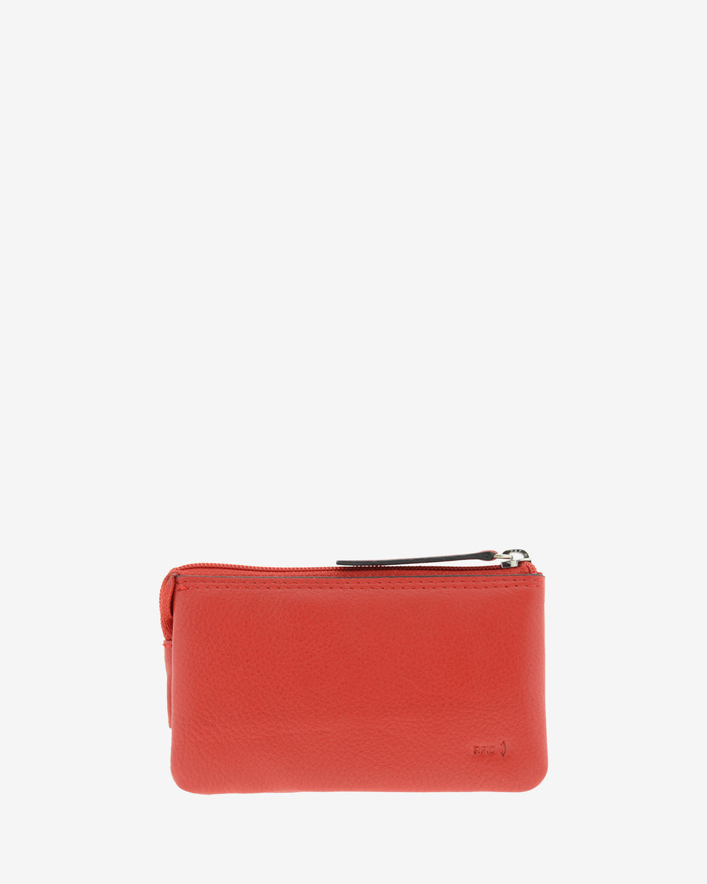 Monedero de piel auténtica ref. 8082-1 en color rojo con ribete negro, de medida pequeña y compacta, 5 compartimentos interiores, cierre de cremallera y aro metálico interior, con protección de tarjetas RFID de la colección Essenza, vista trasera