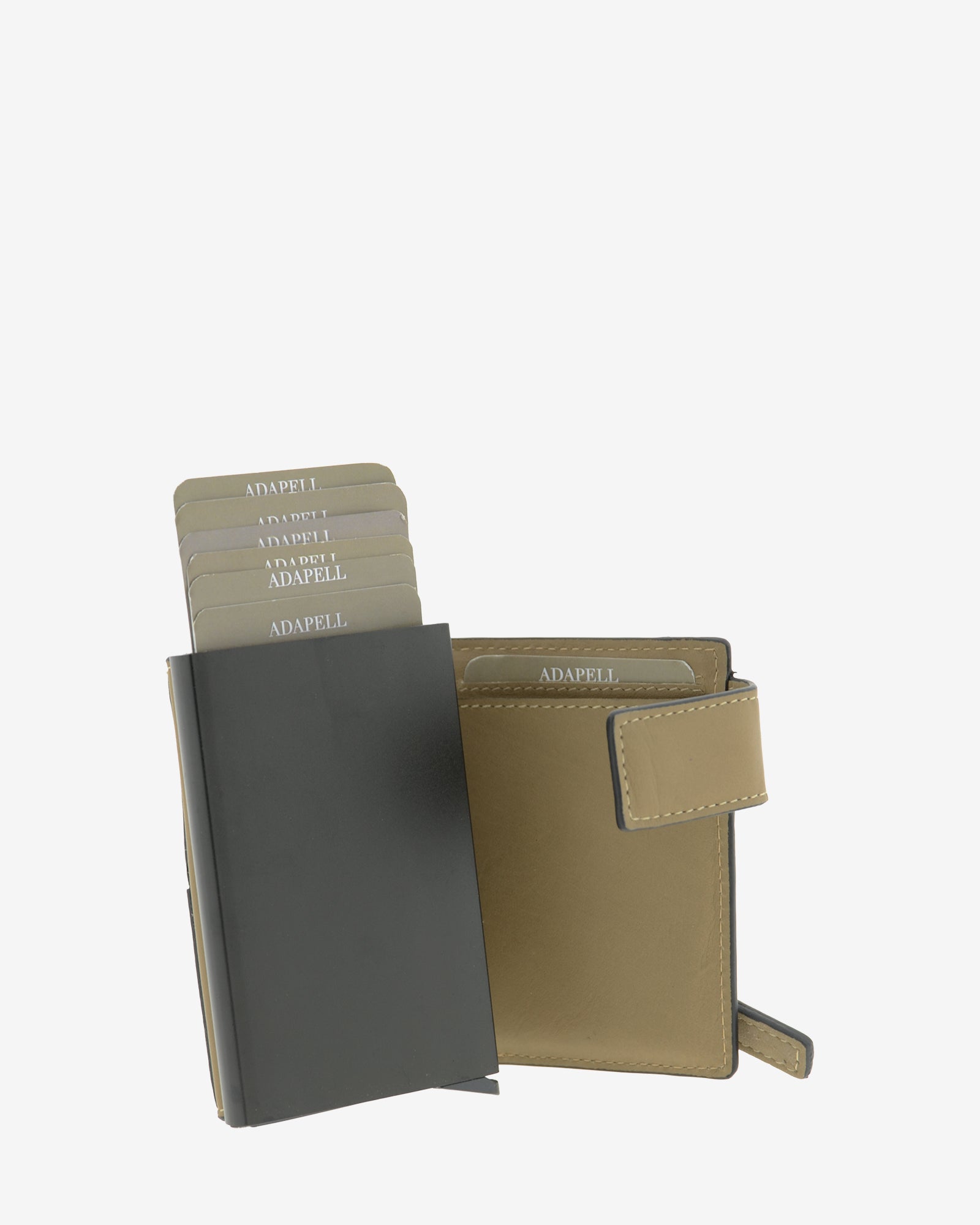 Mecanismo automático para tarjetas en interior del tarjetero de piel con RFID, color topo, ref. 1669-12