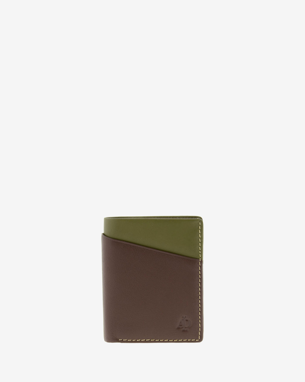 Cartera bicolor de piel marron y verde con RFID y compartimento exterior, vista frontal, ref. 1611-2 

