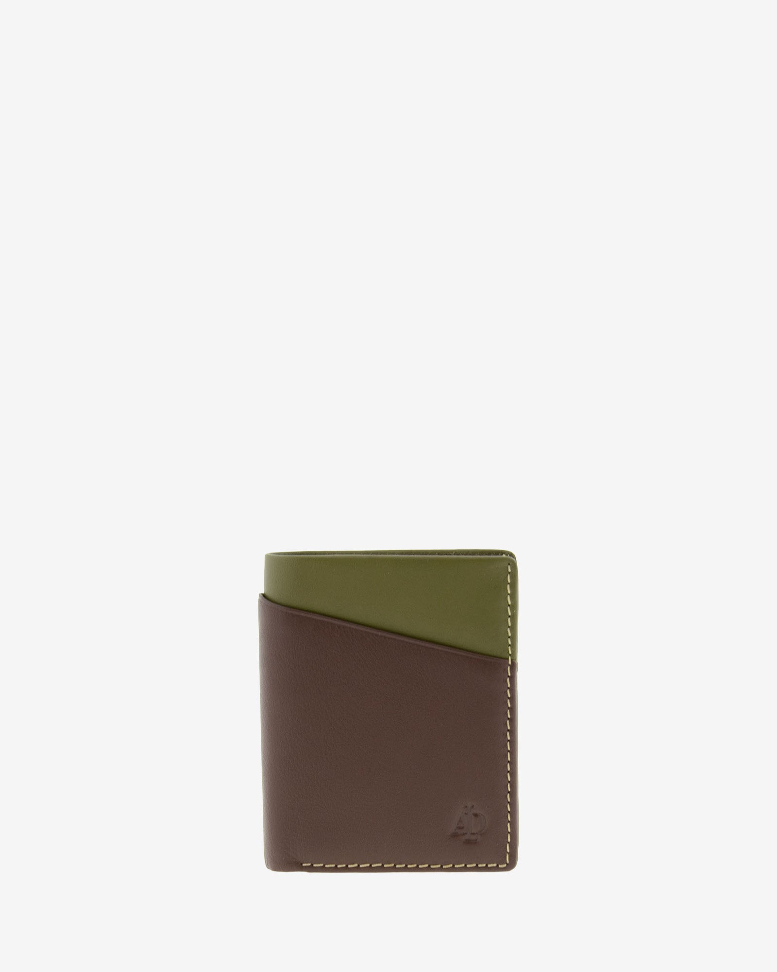 Cartera bicolor de piel marron y verde con RFID y compartimento exterior, vista frontal, ref. 1611-2 

