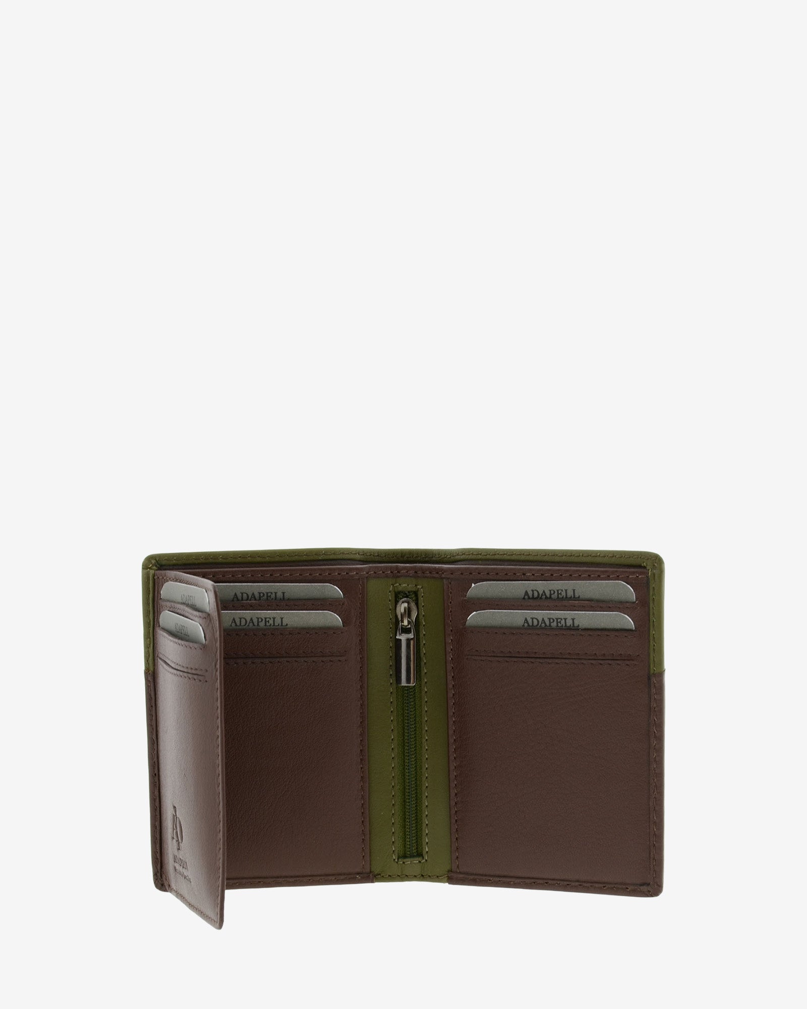 Cartera bicolor de piel marron y verde abierta mostrando la organización interior y varias ranuras para tarjetas, ref. 1611-2 