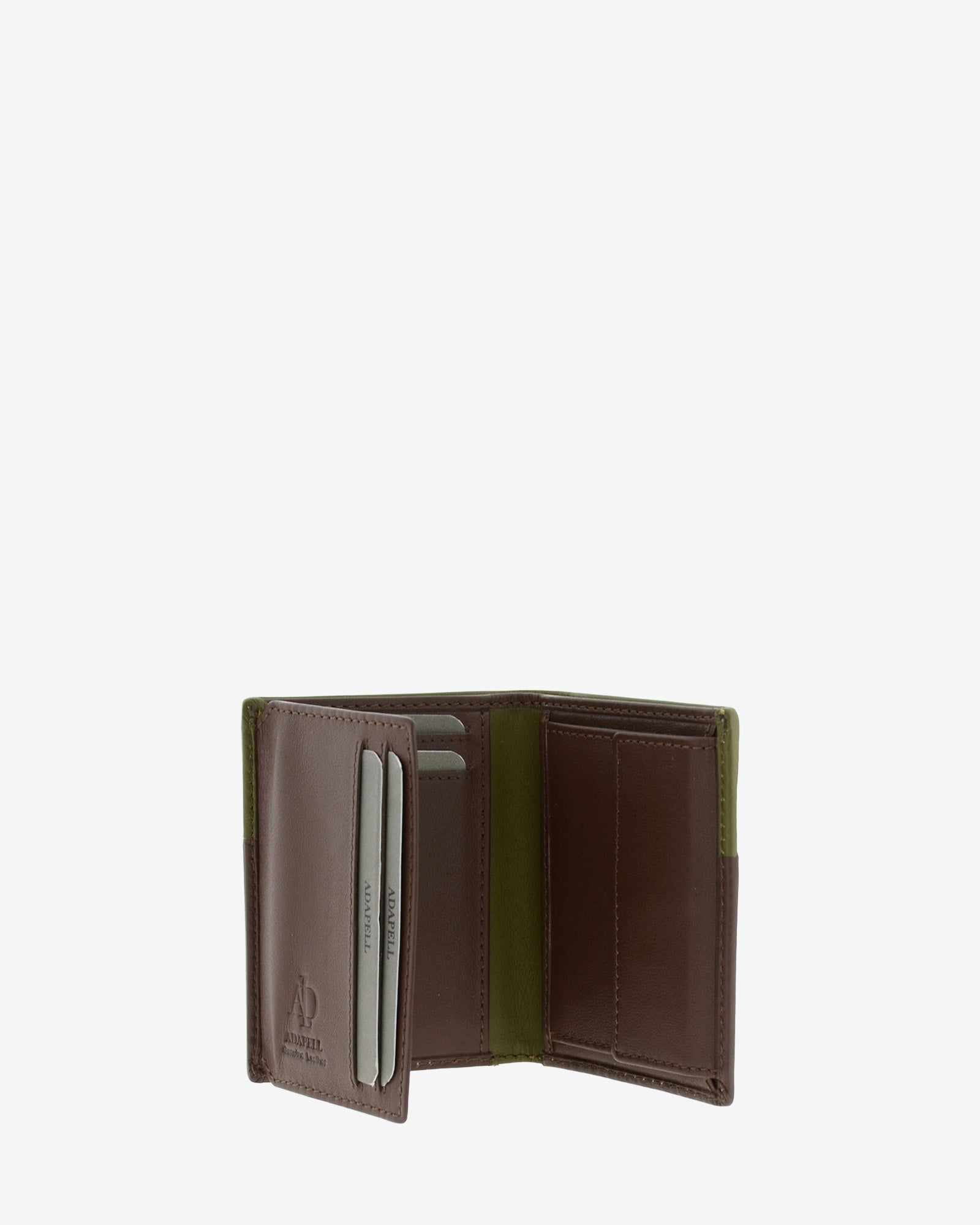 Cartera bicolor de piel marrón abierta en ángulo mostrando ranuras para tarjetas y monedero interior, ref. 1609-2