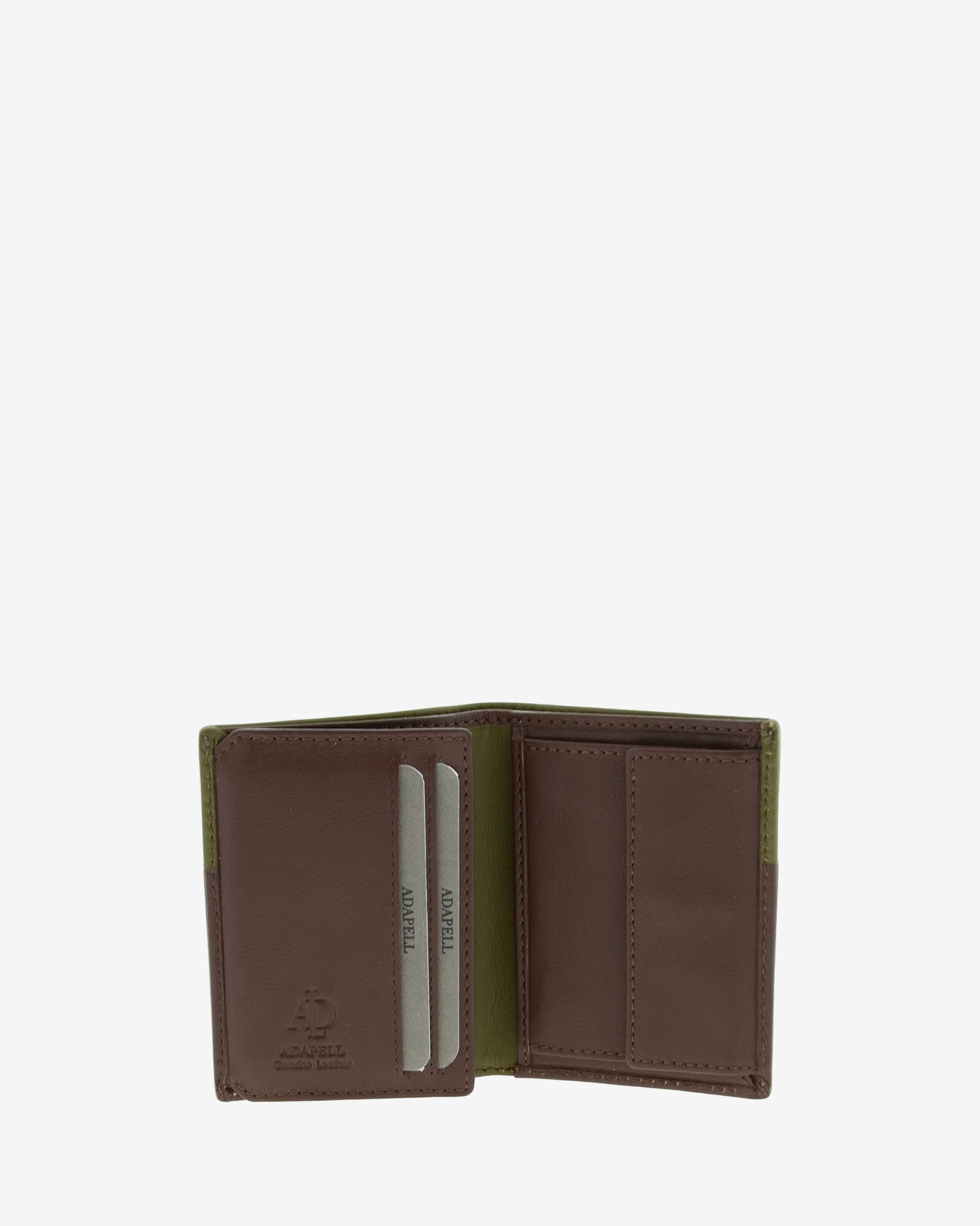 Cartera bicolor de piel marrón abierta con ranuras para tarjetas y monedero interior, ref. 1609-2