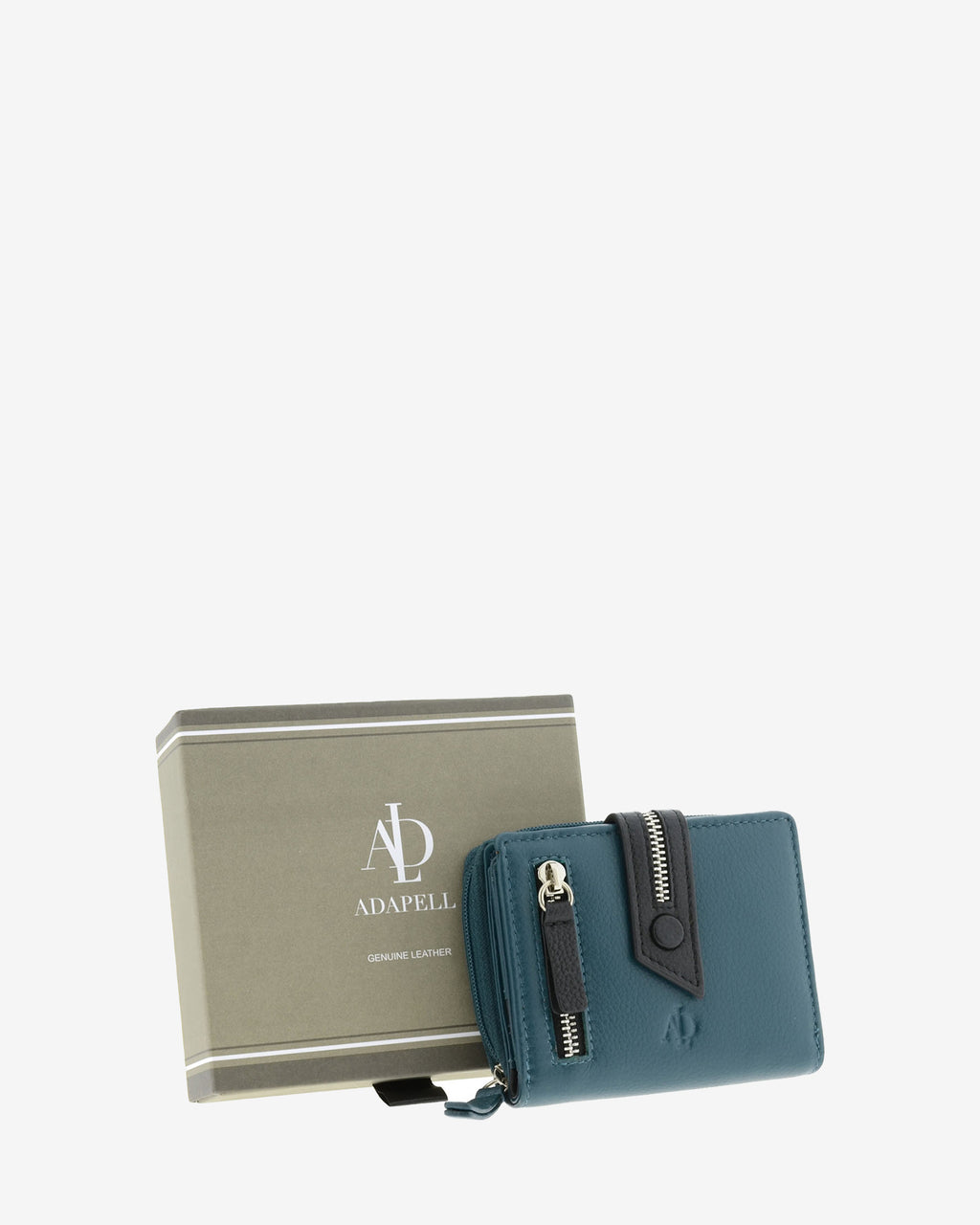 Cartera compacta de napa de vacuno color azul con RFID presentada junto a caja Adapell, 4224-14