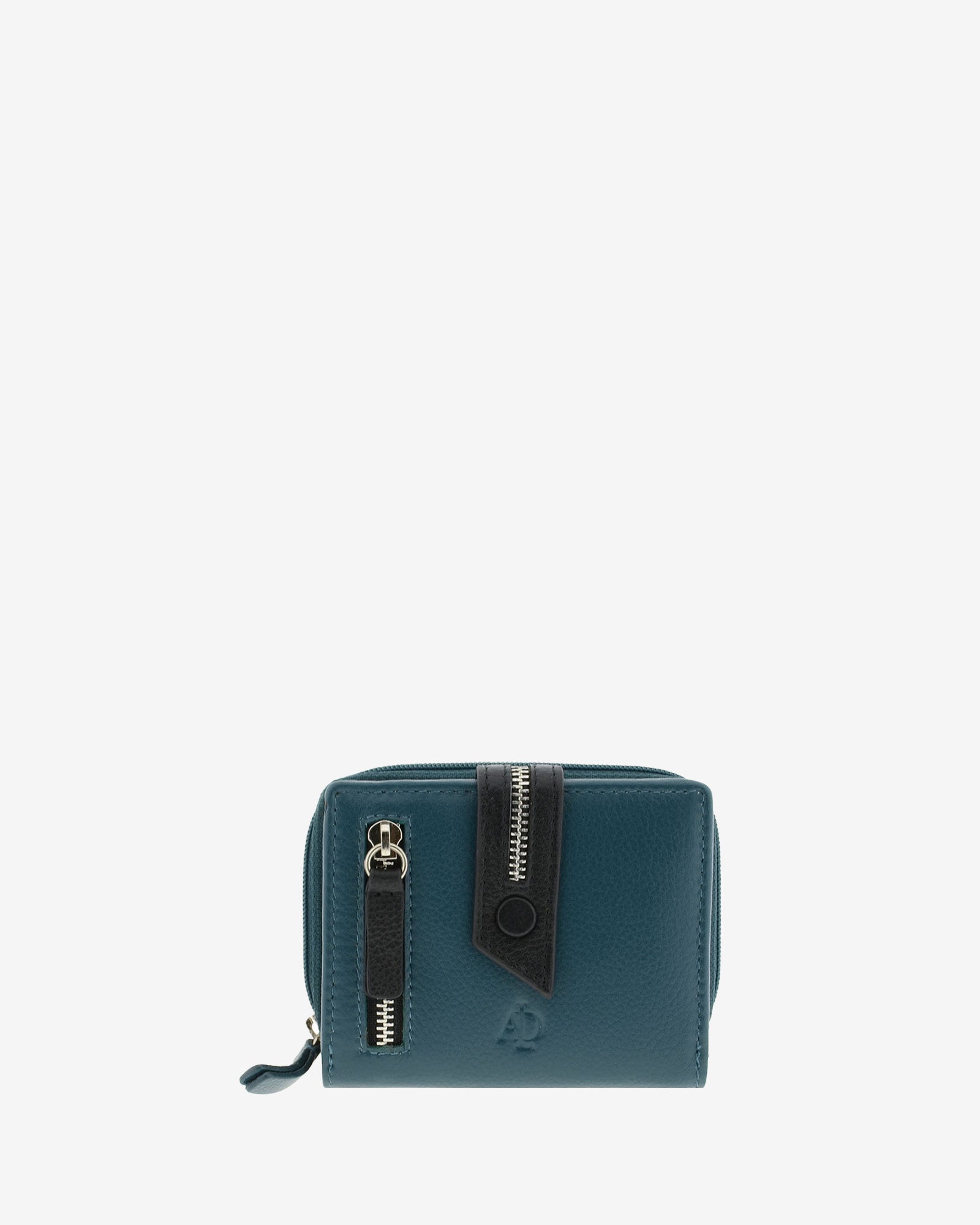 Cartera compacta de napa de vacuno color azul con RFID, detalles negros en contraste, cremallera exterior visible y cierre de botón, 4224-14
