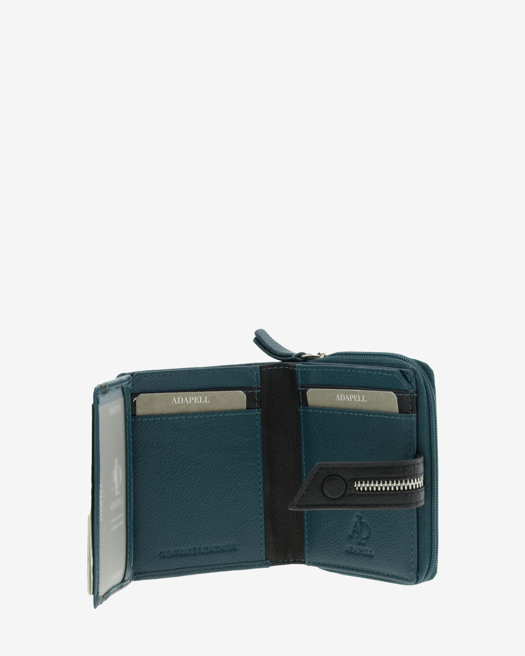 Cartera compacta de napa de vacuno color azul desplegada con ranuras para tarjetas, compartimentos interiores y ventana para ID, 4224-14
