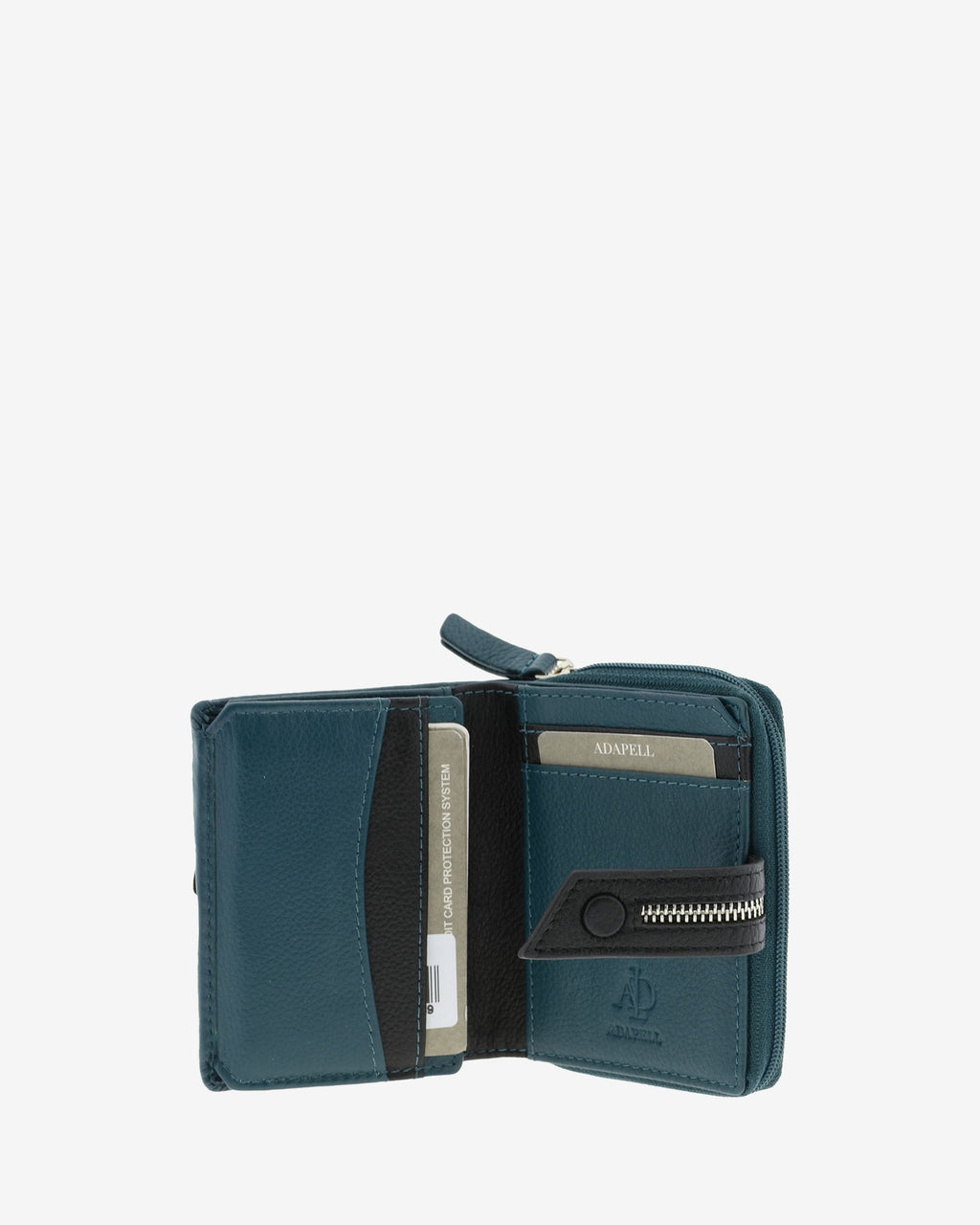 : Interior de cartera compacta de napa de vacuno color azul con ranuras para tarjetas, ventana para ID y espacio para billetes y documentos, 4224-14