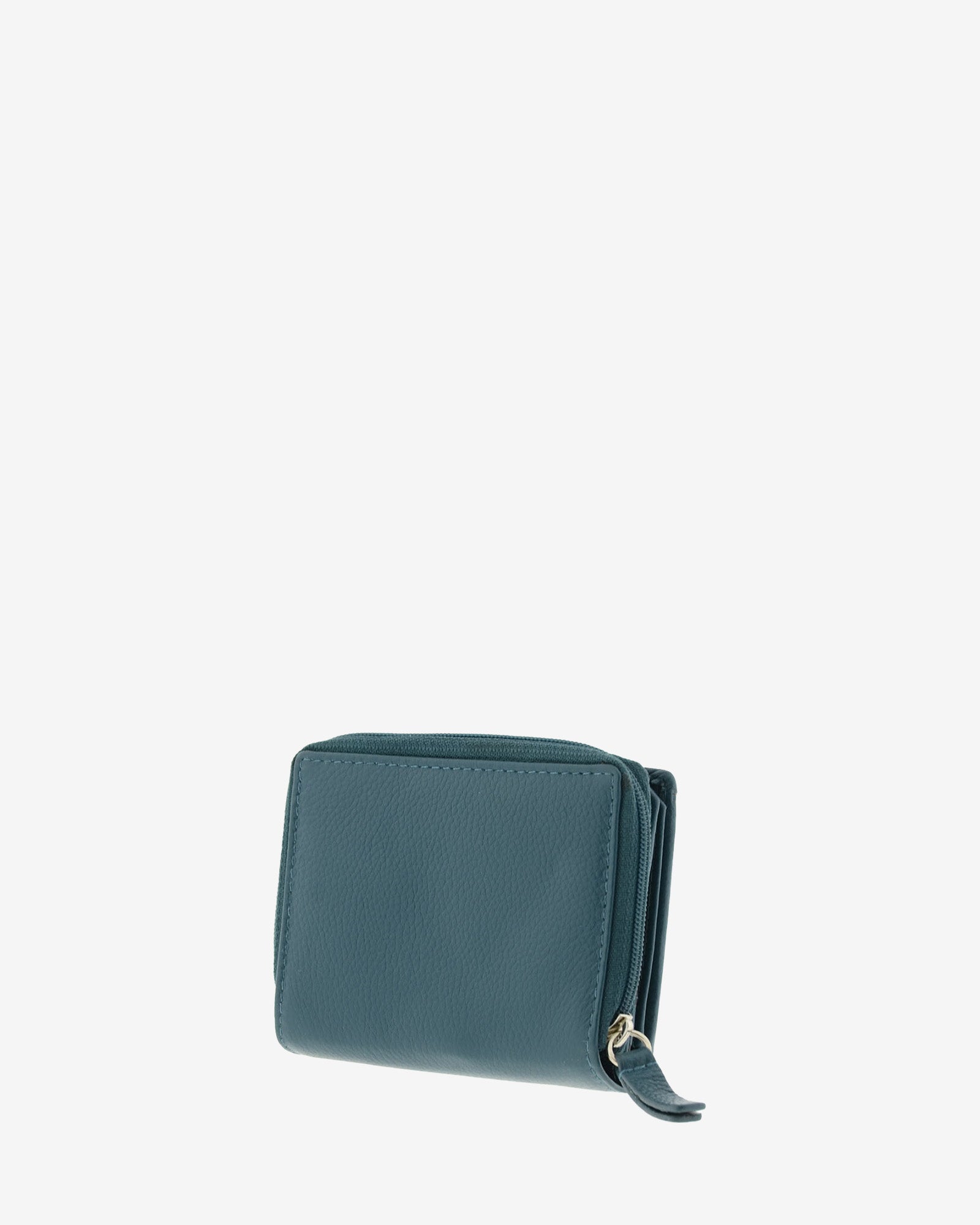 Parte trasera de cartera compacta de napa de vacuno color azul con cremallera perimetral y tirador metálico, 4224-14