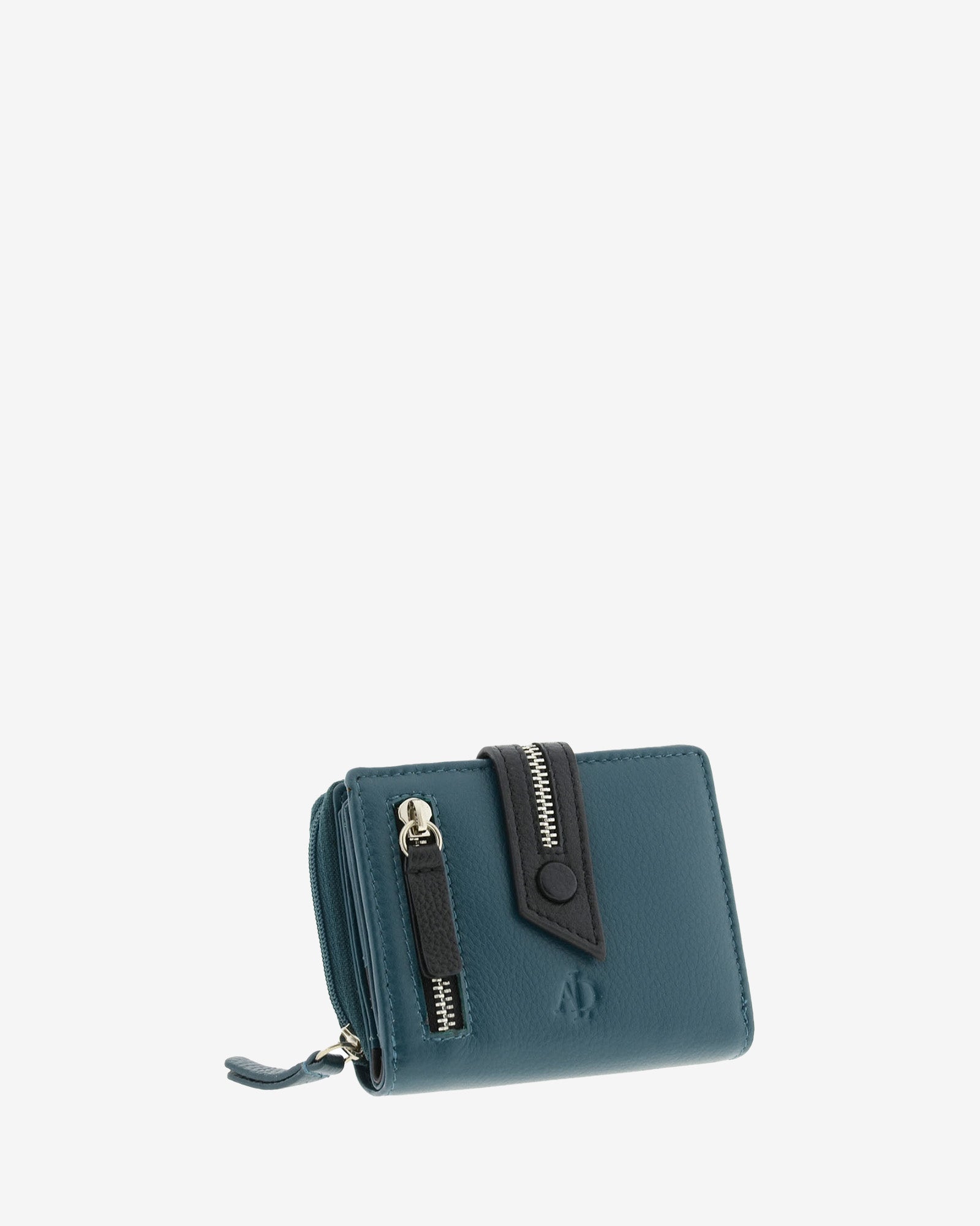 Cartera compacta de napa de vacuno color azul con detalle negro en contraste, cremalleras visibles y cierre de botón, 4224-14