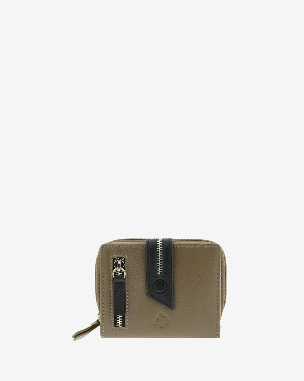 Cartera compacta de napa de vacuno color topo con RFID, detalles negros en contraste, cremallera exterior visible y cierre de botón, 4224-11