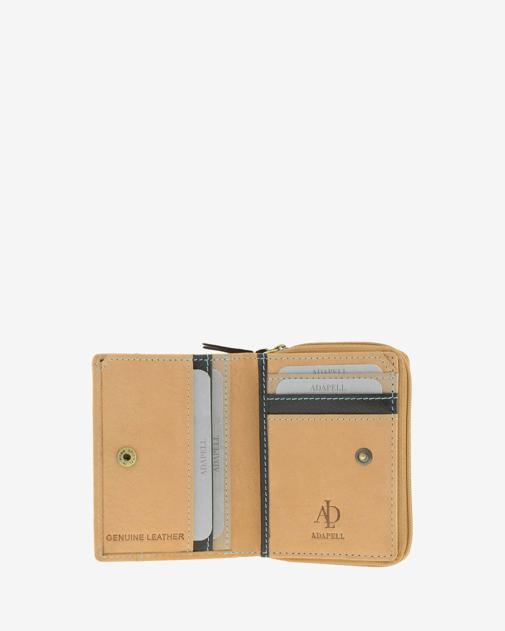 Interior de cartera compacta de piel color cuero con ranuras para tarjetas, cierre de botón y espacio para documentos, 4203-6
