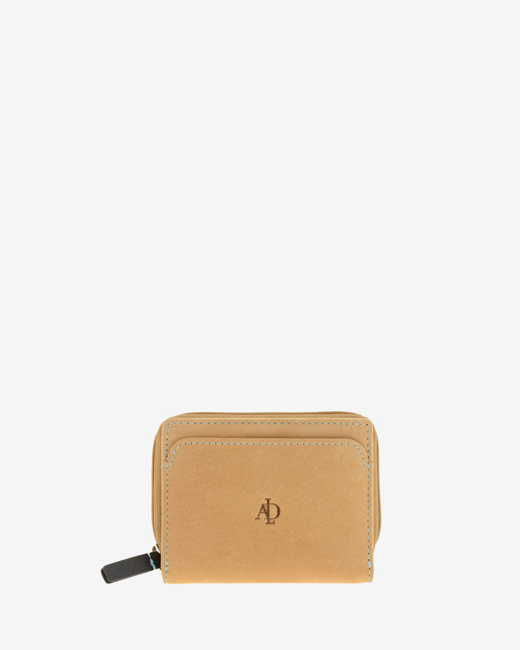 Cartera compacta de piel color cuero con RFID, bolsillo exterior frontal, pespunte azul y logo grabado Adapell, 4203-6