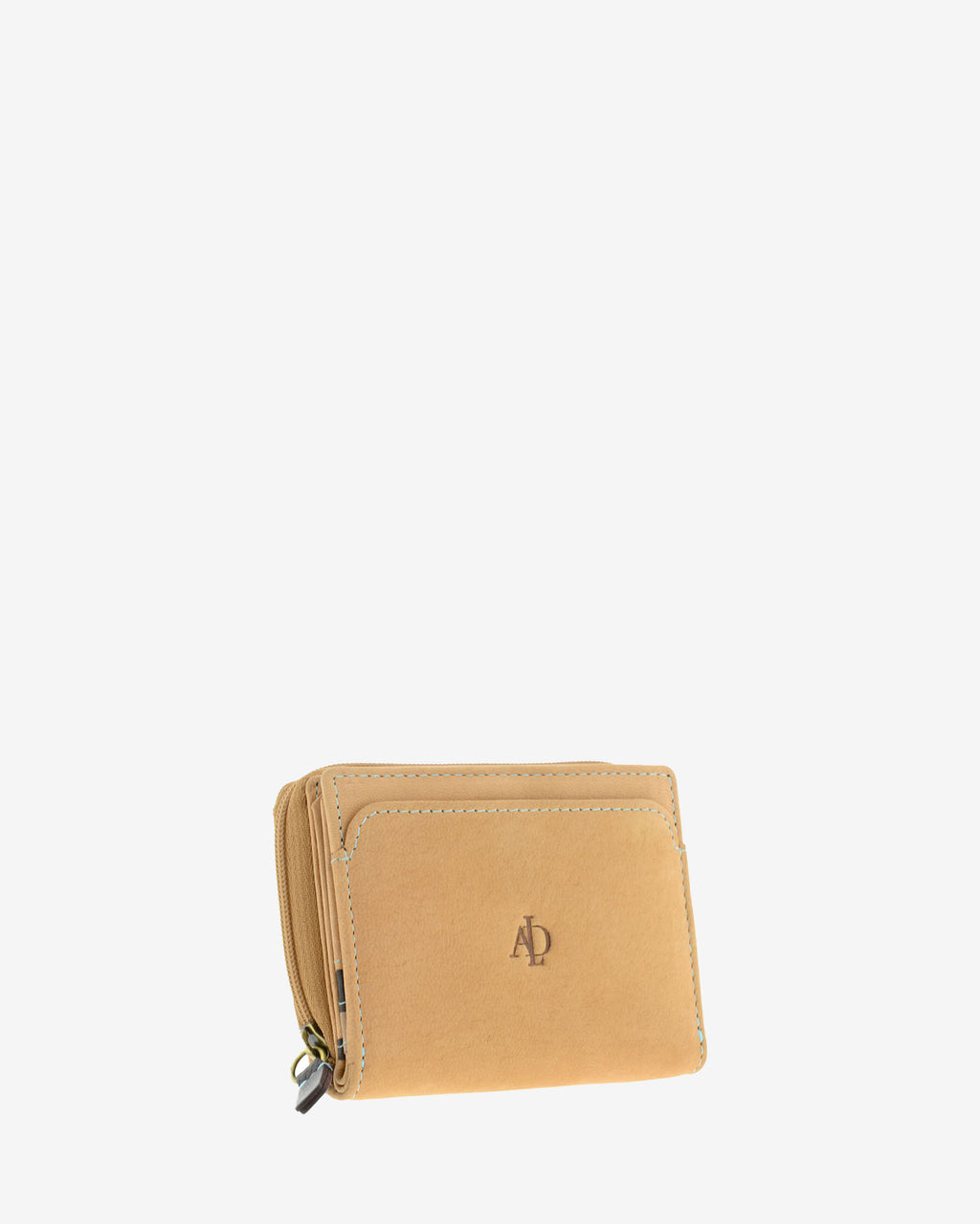 Cartera compacta de piel color cuero con bolsillo exterior frontal, cremallera lateral y estructura plegada, 4203-6