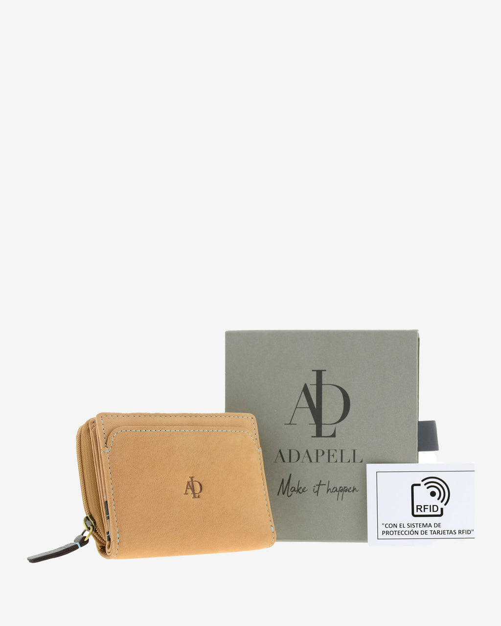 Cartera compacta de piel color cuero con RFID presentada junto a caja Adapell y tarjeta de protección RFID, 4203-6