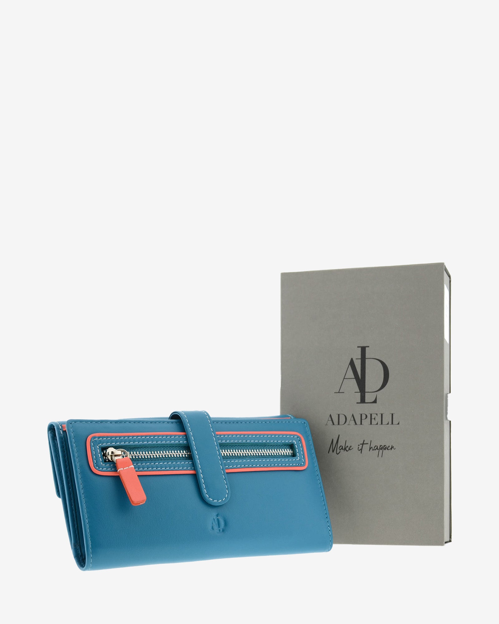 Cartera grande de piel azul con RFID presentada junto a caja Adapell, referencia 4200-14