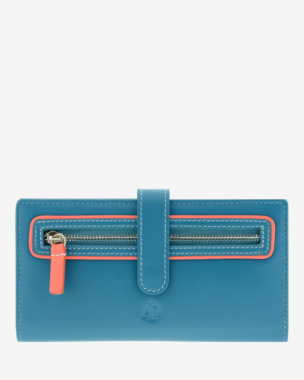 Cartera grande Adapell de piel azul con RFID, bolsillo frontal con cremallera y tirador color coral, referencia 4200-14