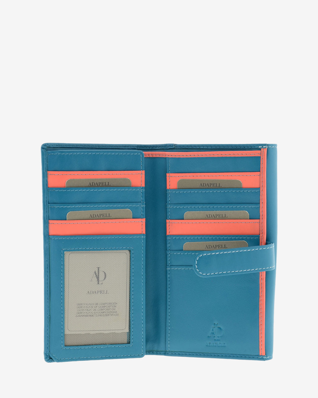 Cartera grande de piel azul con RFID abierta, ranuras para tarjetas con ribetes color coral y visor ID, referencia 4200-14