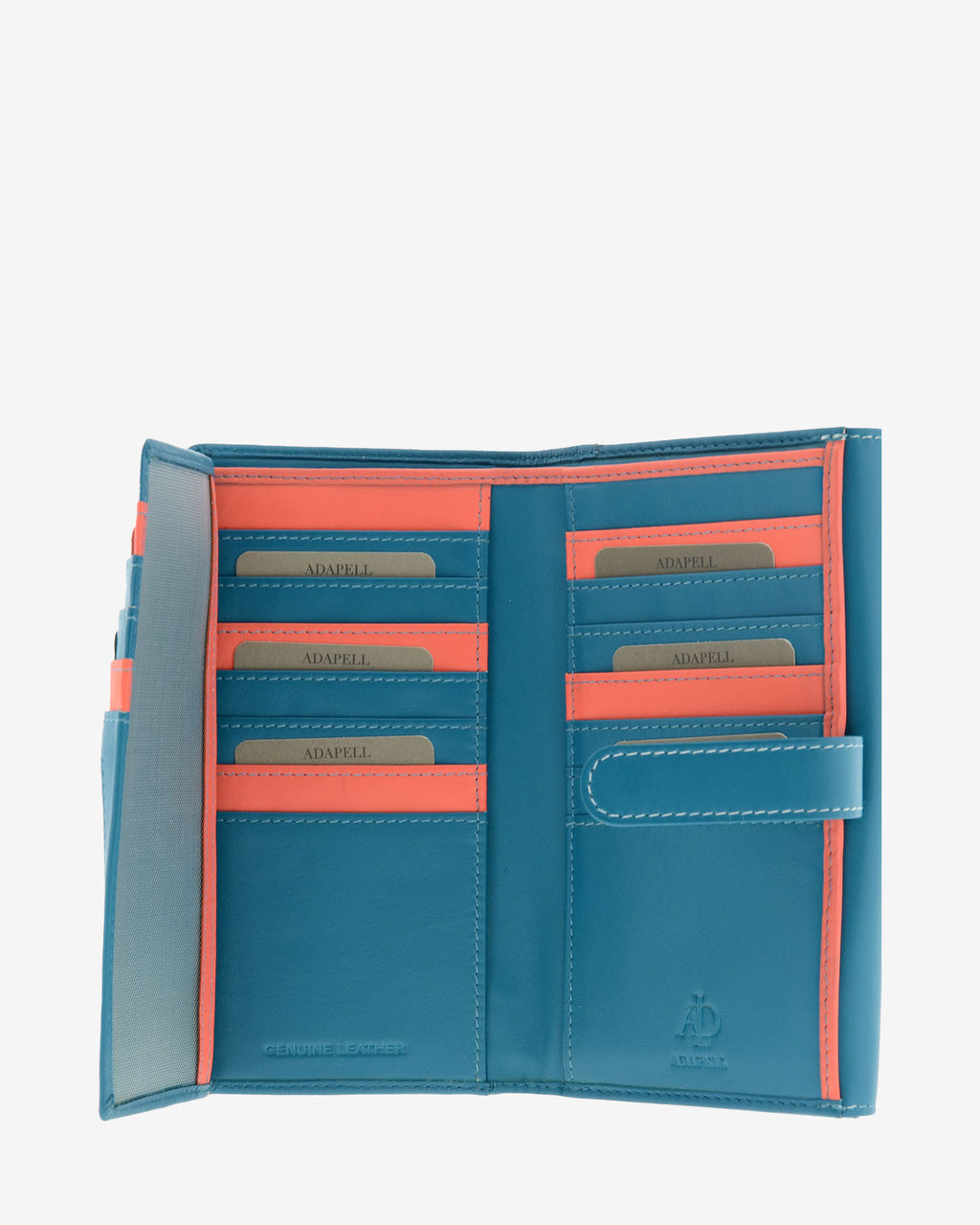 Cartera grande de piel azul con RFID abierta, interior con múltiples ranuras para tarjetas, referencia 4200-14